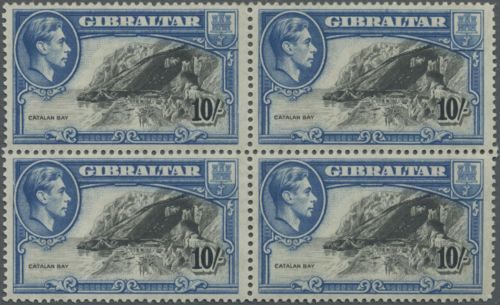 **/ Gibraltar: 1938, Freimarken: Ansichten Aus Gibraltar 10 Sh Blau/schwarz Im Perfekten Luxus-Viereblock In Der G - Gibraltar