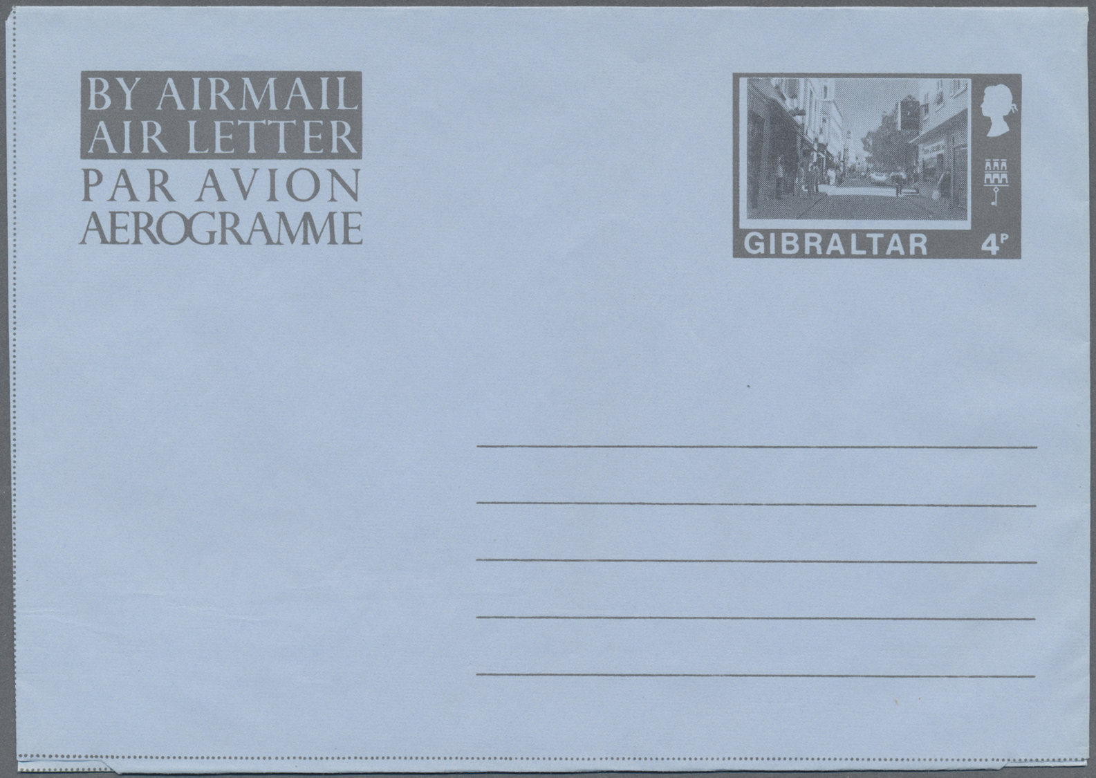 GA Gibraltar: 1971, airletter 4d (5): normal, black scene shifted 1 mm to top resp. 1mm to bottom; black scene om