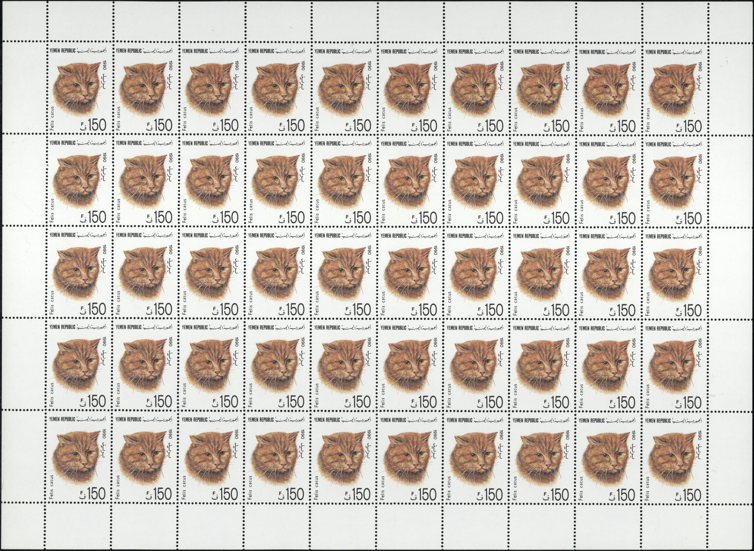 ** Thematik: Tiere-Katzen / animals-cats: 1990, Yemen, 5f. to 600f., complete set of seven values as sheets of 50 stamps