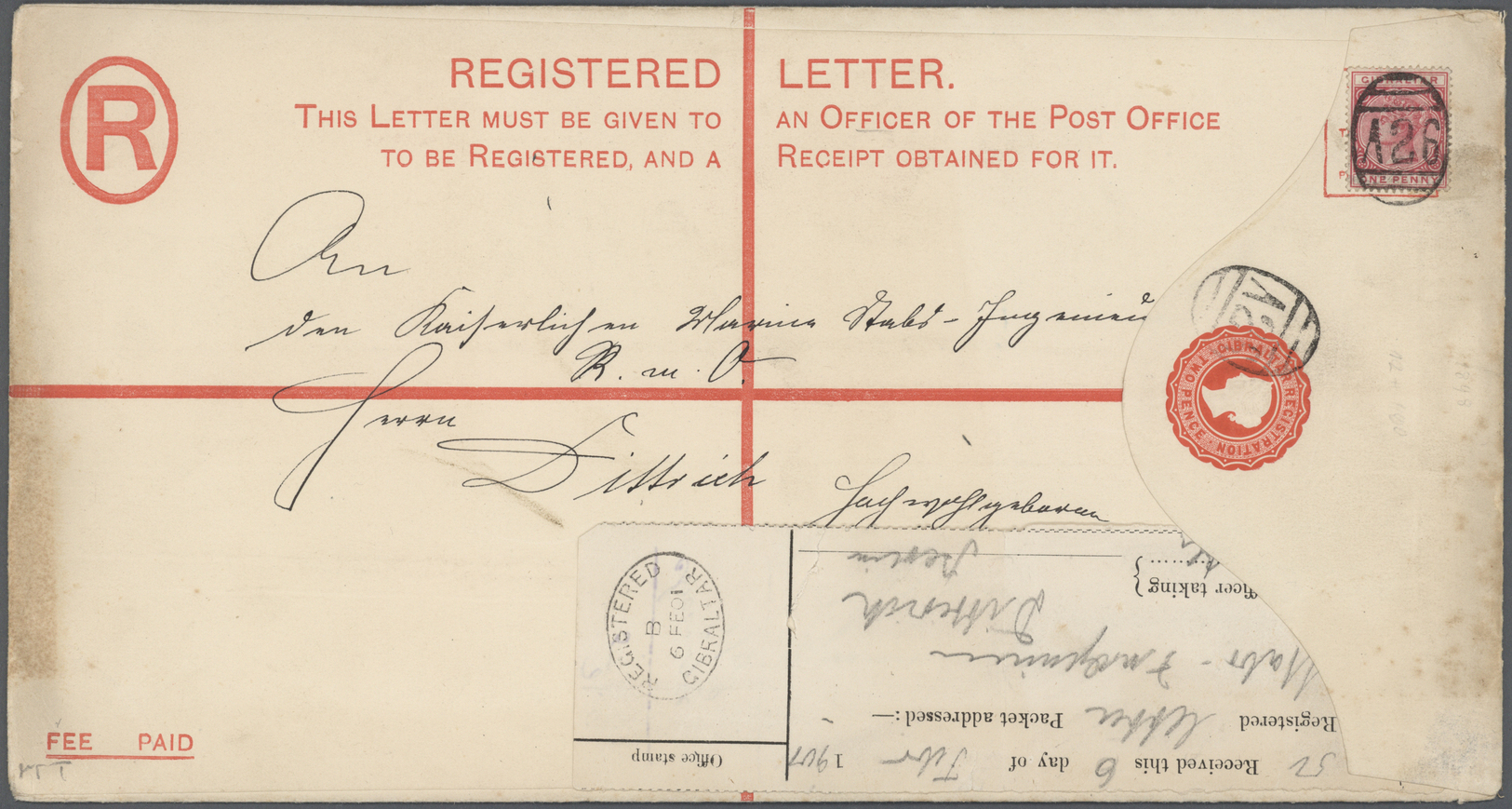 GA Gibraltar - Ganzsachen: 1901 (6.2.), Registered Letter QV 2d. Scarlet (292 X 152 Mm) Uprated With QV 1d. Rose - Gibraltar