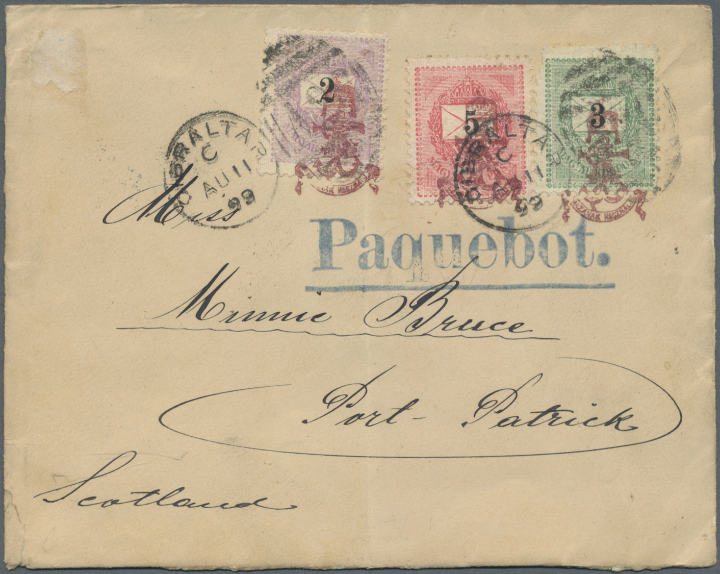 Br Gibraltar - Besonderheiten: 1899, Blue "Paquebot." On Small Cover With Hungary, Three Colour Franking Tied Dup - Gibraltar