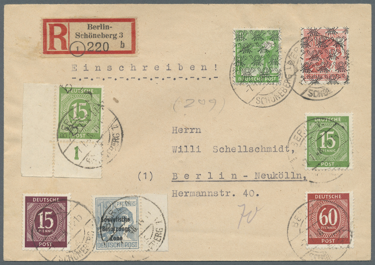 Br Berlin - Besonderheiten: 1948, 15 Pfg. Ziffer Mit Handstempel "3/Berlin...", Jeweils Mit Portogerech - Altri & Non Classificati