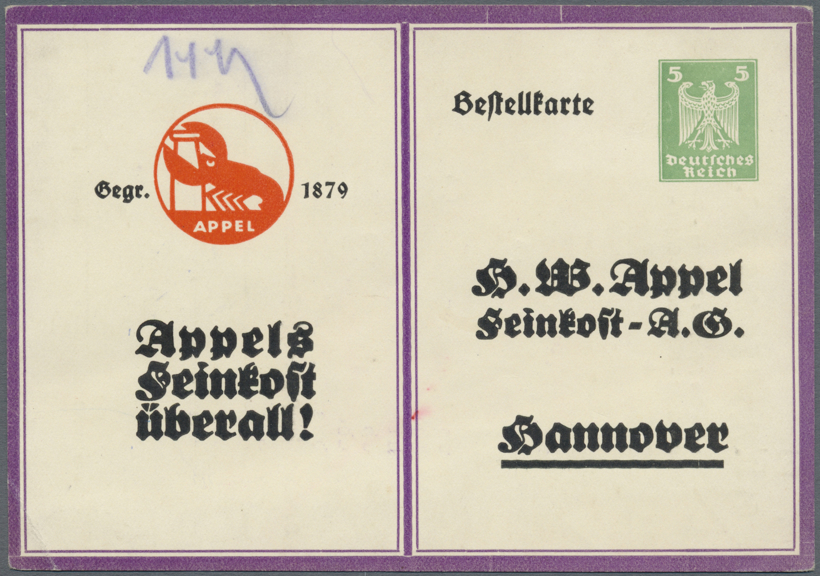 GA Thematik: Tiere-Meerestiere / Animals-sea Animals: 1925 (ca), Dt. Reich. Privat-Postkarte 5 Pf Reichsadler "Appel Fei - Marine Life