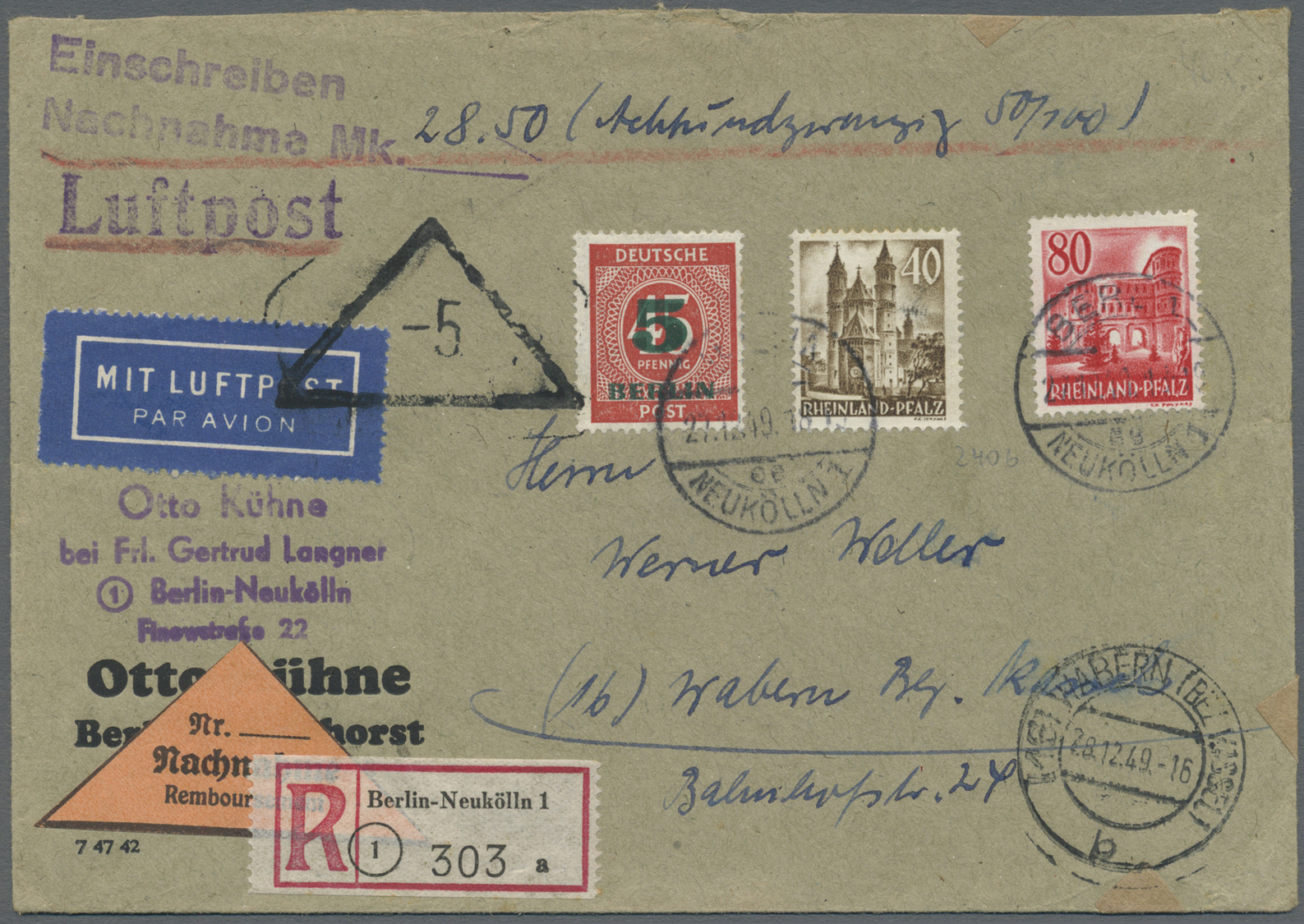 Br Berlin - Besonderheiten: 1949:Fernbrief Luftpost Einschreiben Und Nachnahme 41 – 60g – DM 1,25 Mit 5 - Autres & Non Classés