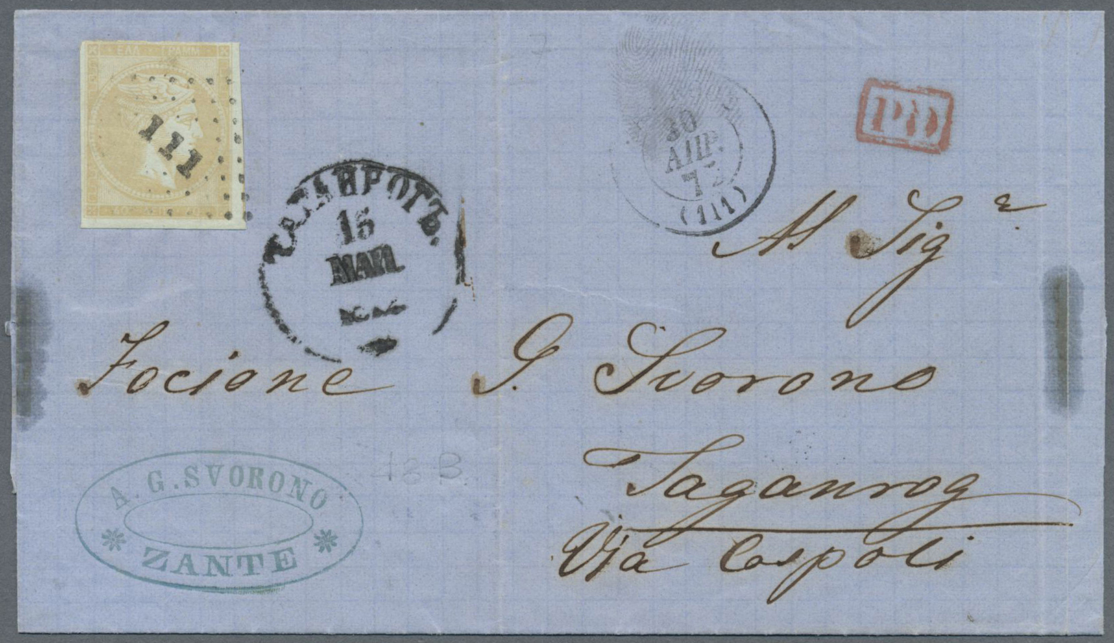 Br Griechenland: 1872, 40lep. Bistre, Touched At Top, Single Franking On Lettersheet From Zakynthos To Taganrog ( - Lettres & Documents
