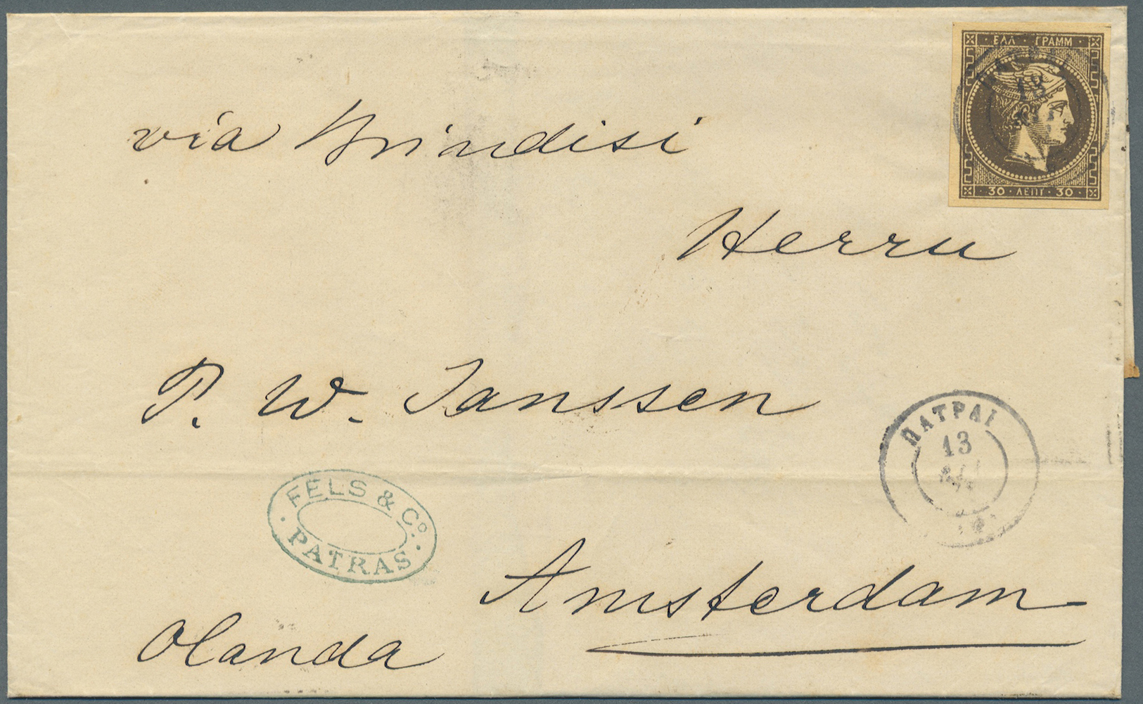 Br Griechenland: 1878, 30 L. Brown On Yellowish Clear Impression On Folded Envelope From Patras Tied By "PATRAI" - Lettres & Documents