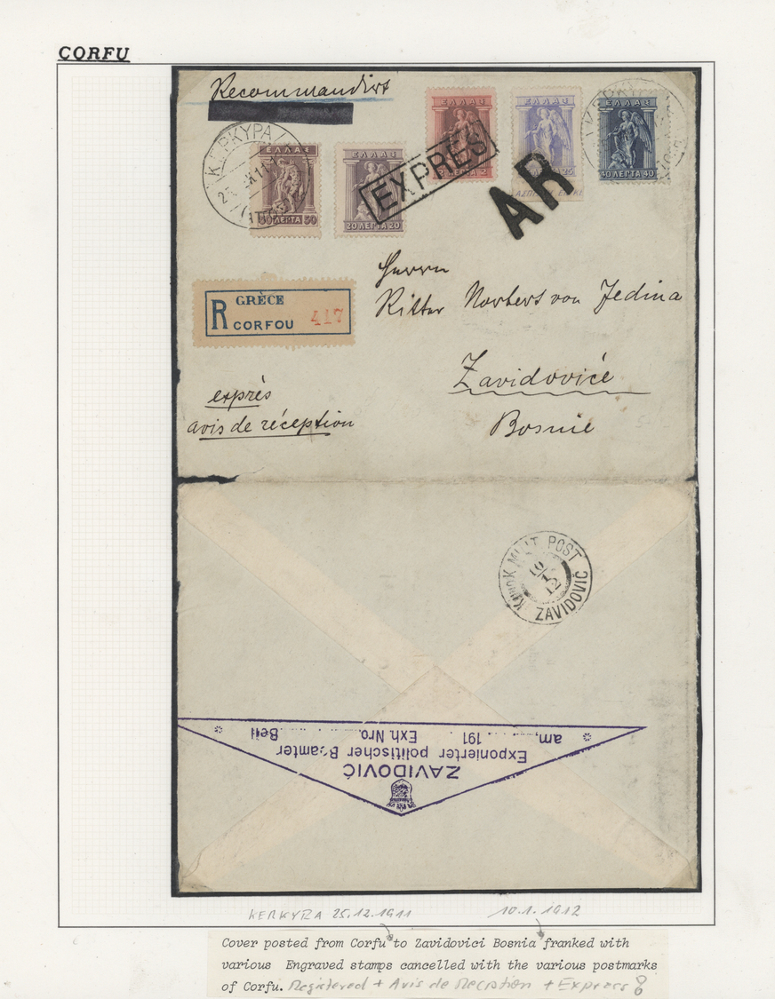 Br Griechenland: 1911, 2 L., 20 L. Tied Boxed "EXPRES", 25 L. (bottom Imprint-margin) Tied Bold "AR" And 40 L. An - Covers & Documents