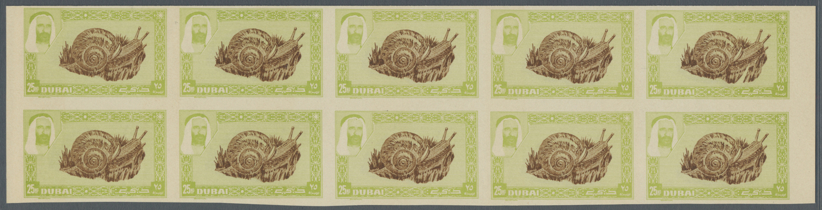 (*) Thematik: Tiere-Meerestiere-Muscheln / Animals-sea Animals-shells: 1963, Dubai, 25np. "Vivipara Fasciata", Imperfora - Coneshells