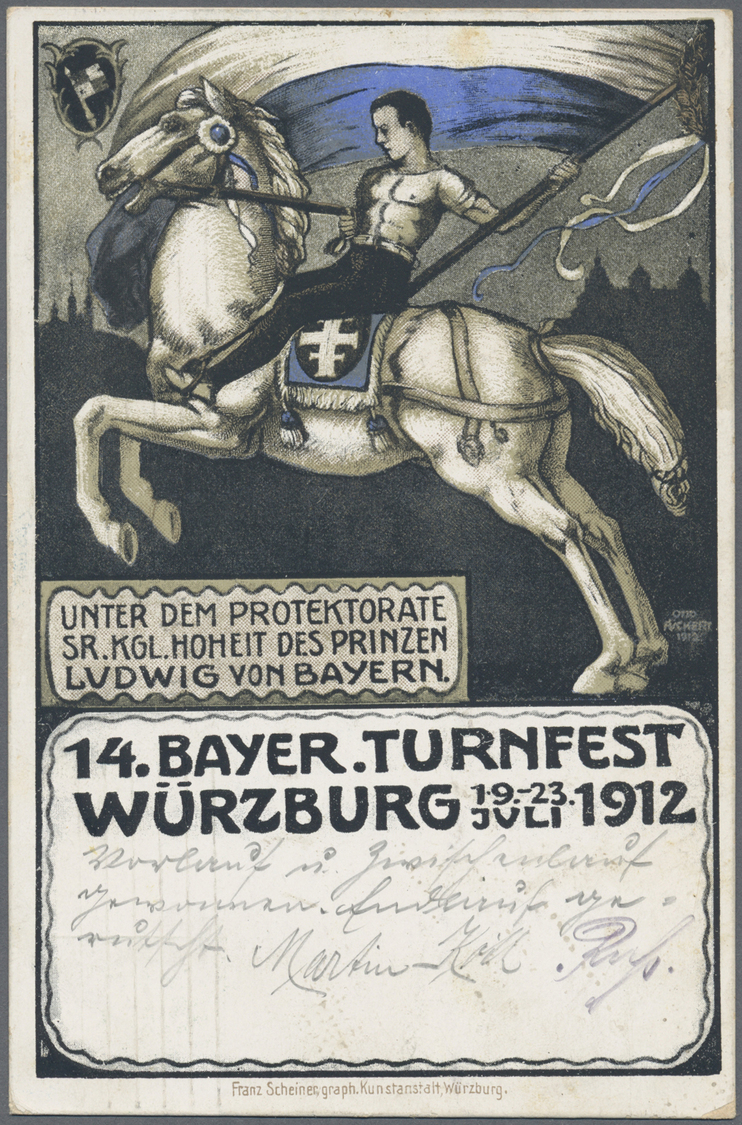 GA Thematik: Tiere-Pferde / Animals-horses: 1912/1913, Bayern. Lot Mit 1 Privat-Postkarte 5 Pf Luitpold "14. Bayer. Turn - Horses