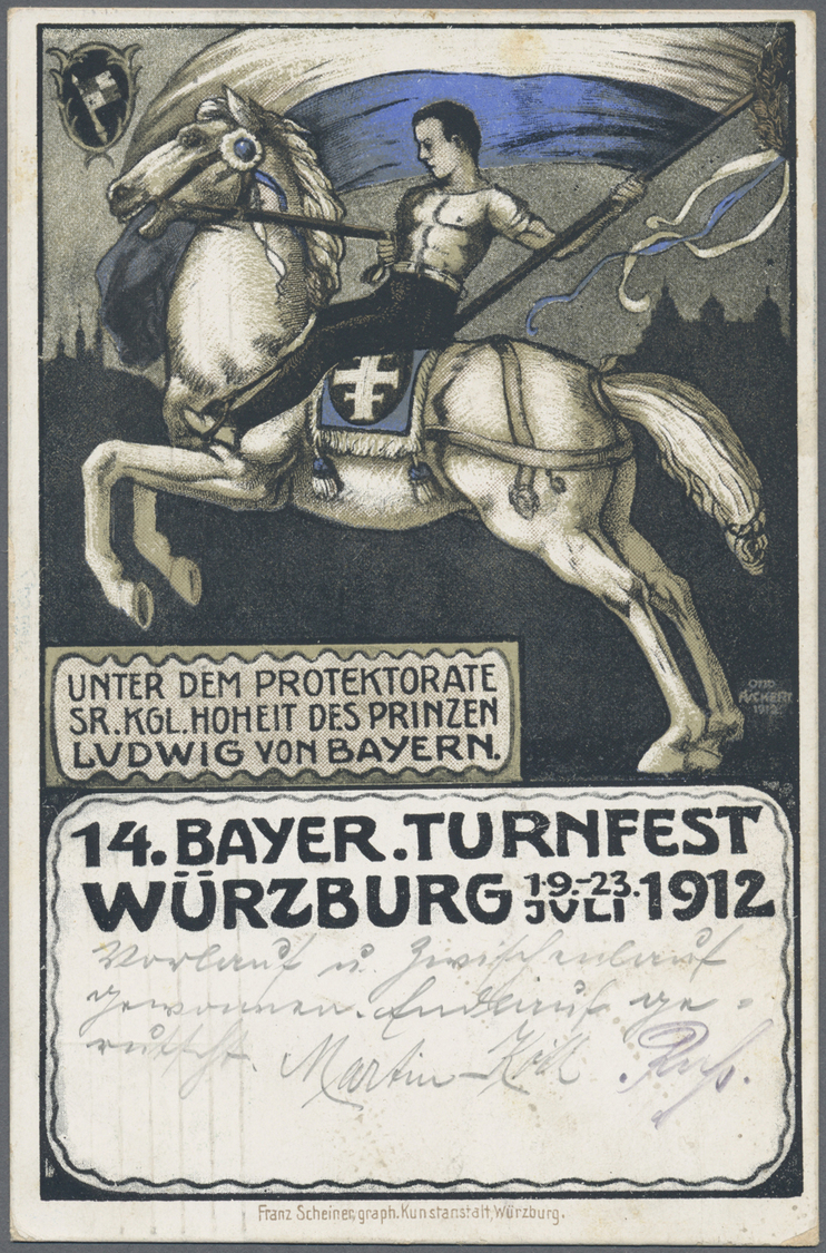 GA Thematik: Tiere-Pferde / Animals-horses: 1912/1913, Bayern. Lot Mit 1 Privat-Postkarte 5 Pf Luitpold "14. Bayer. Turn - Pferde