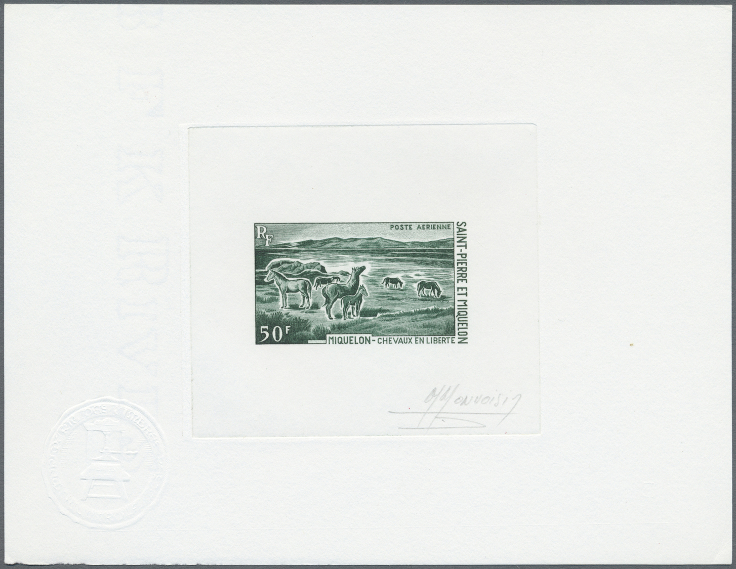 Thematik: Tiere-Pferde / Animals-horses: 1969, St. Pierre & Miquelon. Epreuve D'artiste Signée In Dark Green For The Sce - Horses