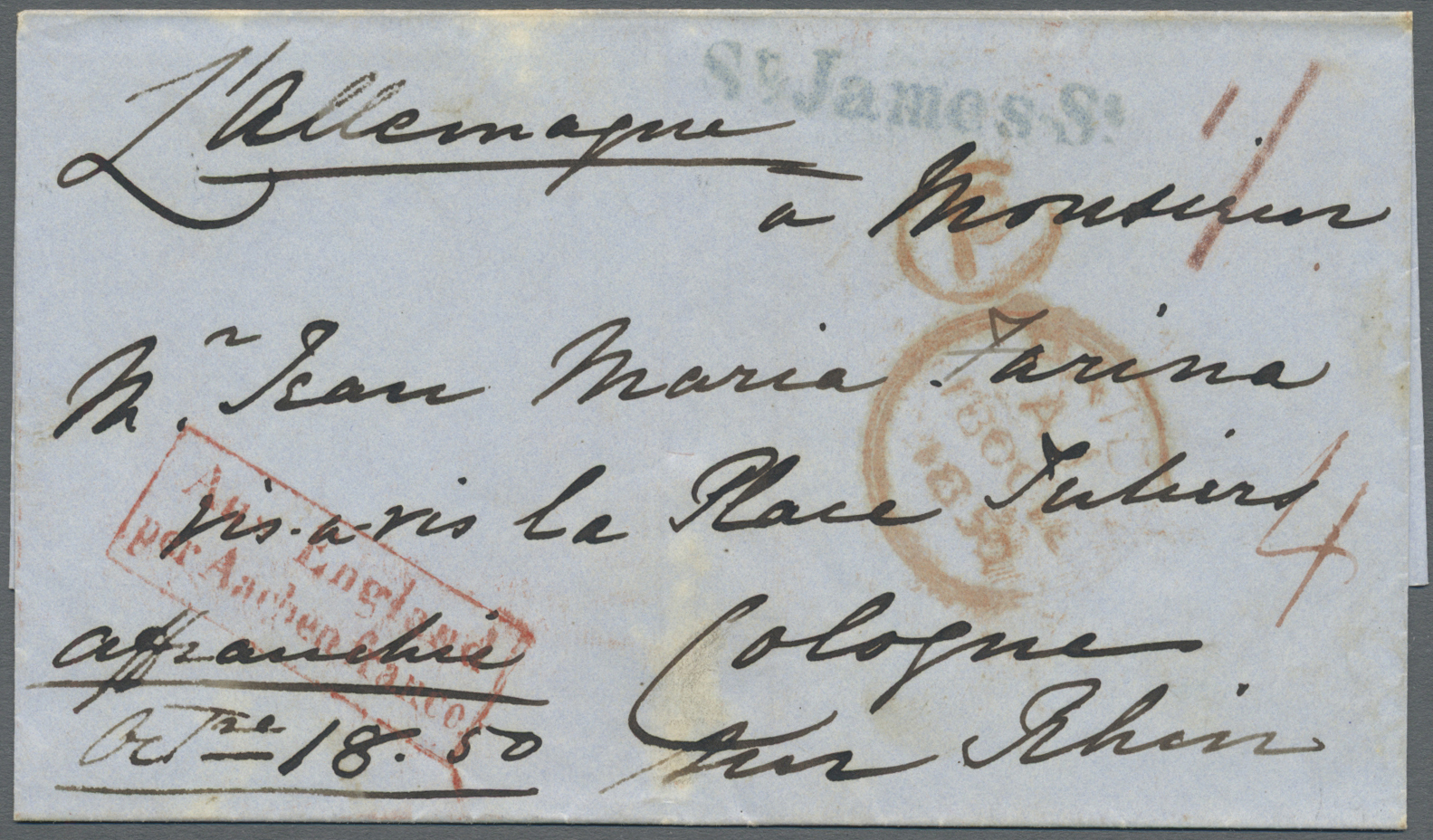 Br Großbritannien - Vorphilatelie: 1850, Taxed Letter From London "St. James St" To Colgne, Prussia Showing Trans - ...-1840 Préphilatélie