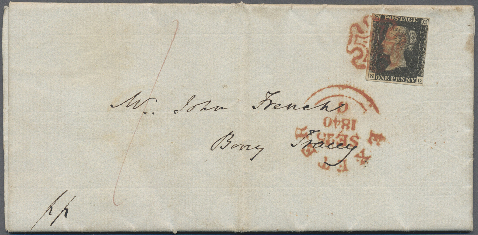 Br Großbritannien: 1840. Folded Envelope Addressed To Bory Tracey Bearing 'Penny Black' SG 1, 1d Black Tied By Re - Autres & Non Classés