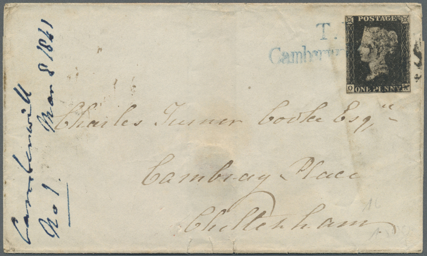 Br Großbritannien: 1841 (Mar 8): Folded Cover From Camberwell To Cheltenham Franked By 1d. Black, Plate 8, Letter - Autres & Non Classés