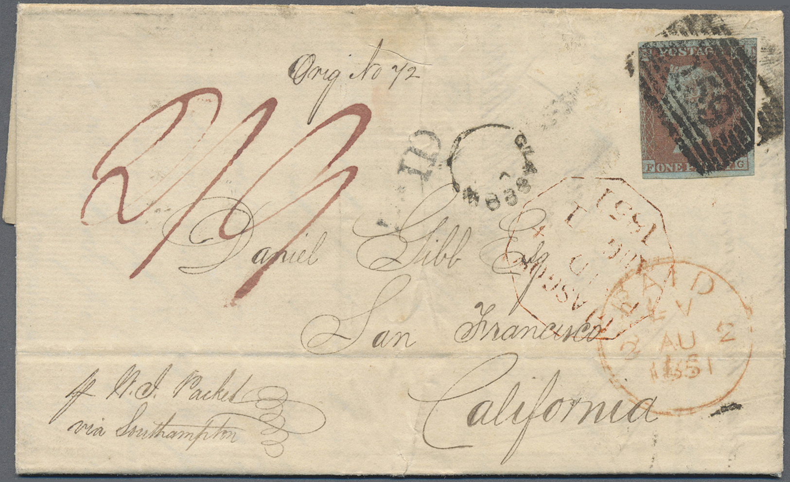 Br Großbritannien: 1851, Mail To California/USA, 1d. Red-brown On Blue, Deep Colour, Cut Into At Left And Wide Ma - Autres & Non Classés