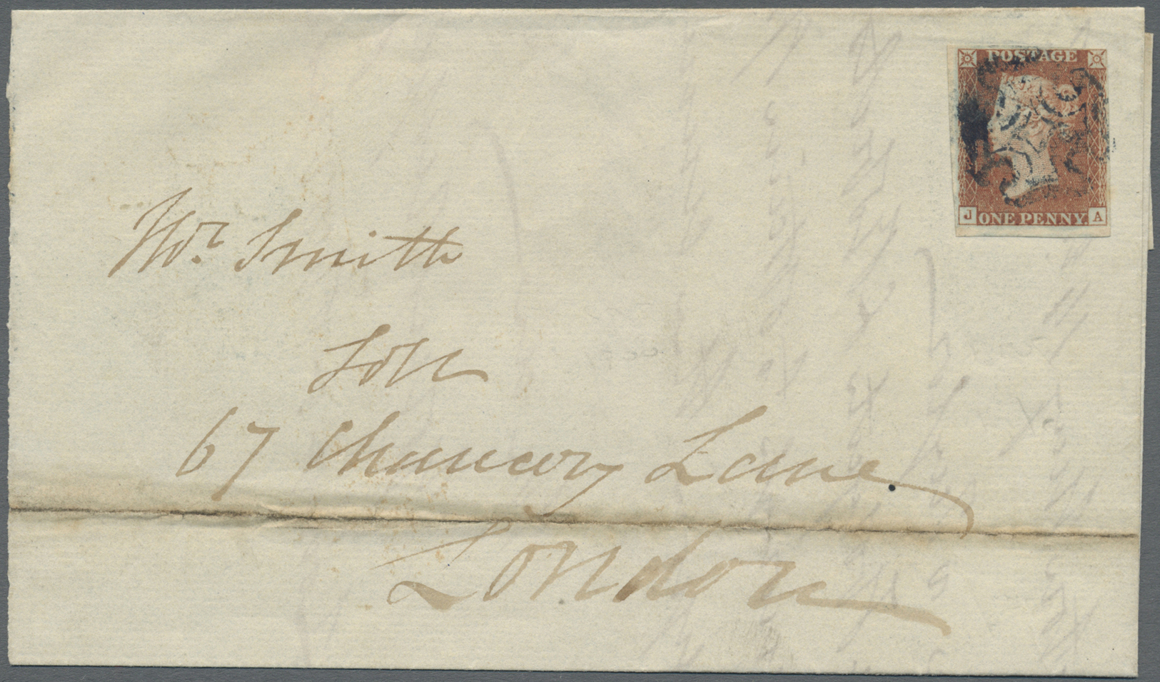 Br Großbritannien: 1842. Folded Envelope Addressed To London Bearing SG 8, 1d Brown Imperf Tied By Blue Maltese C - Autres & Non Classés