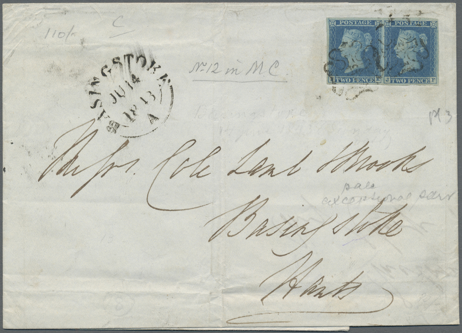 Br Großbritannien: 1843. Envelope (vertical Fold) Addressed To Basingstoke Bearing SG 13, 2d Blue (imperf Pair) T - Other & Unclassified