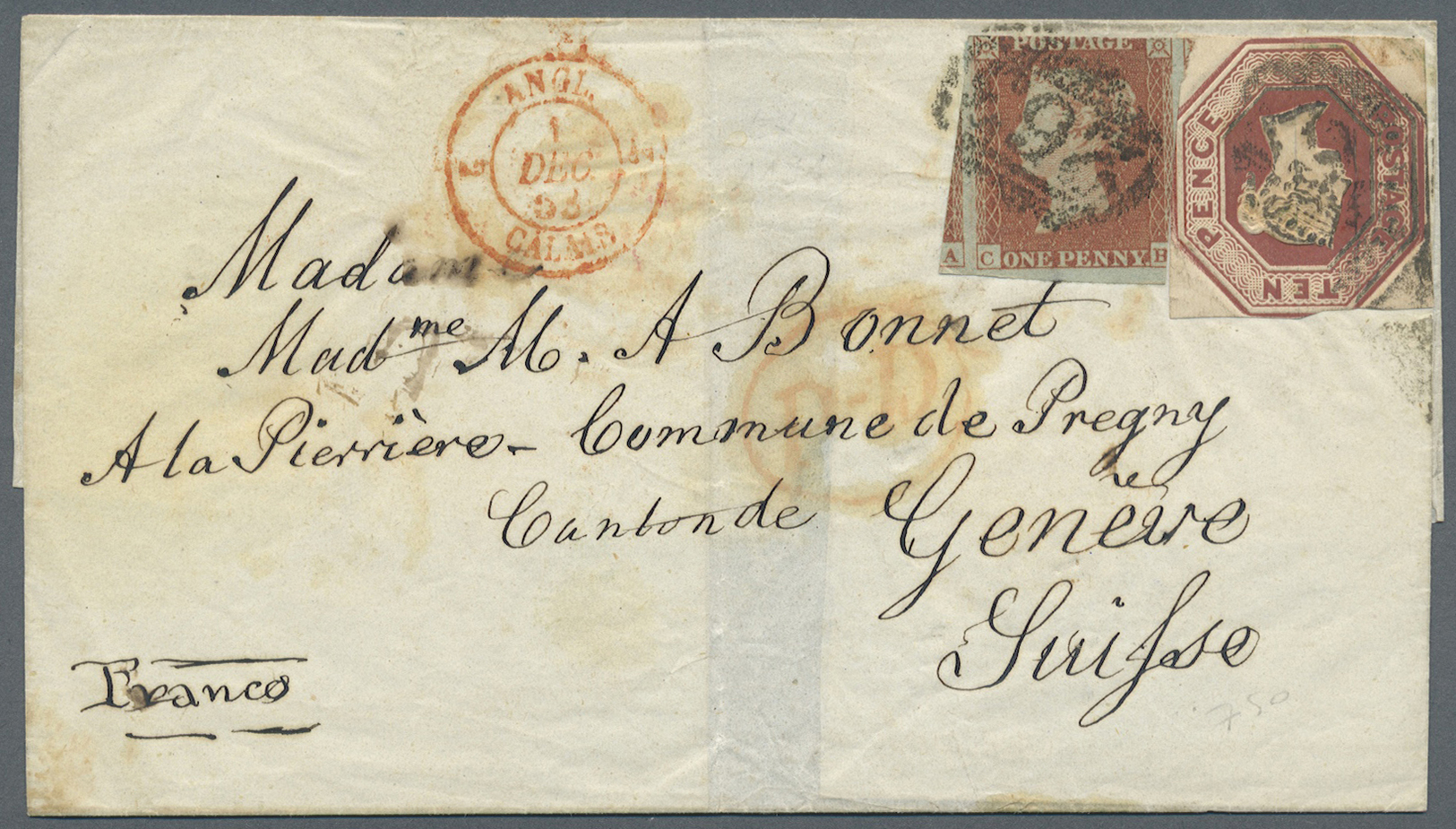 Br Großbritannien: 1863. Envelope Addressed To Switzerland Bearing SG 8, 1d Brown And SG 57, 10d Brown Tied By '2 - Autres & Non Classés