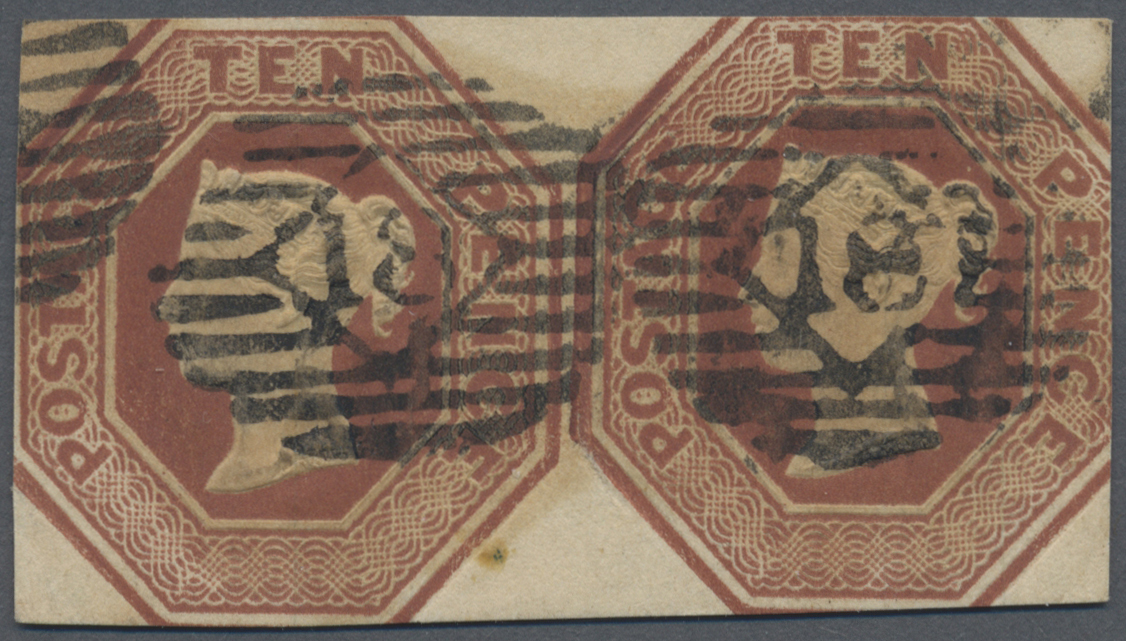 O Großbritannien: 1848, 10d. Brown, Horiz. Pair, Cut Into And Left Stamp Large Tear, Neatly Oblit. By Oval Barre - Autres & Non Classés