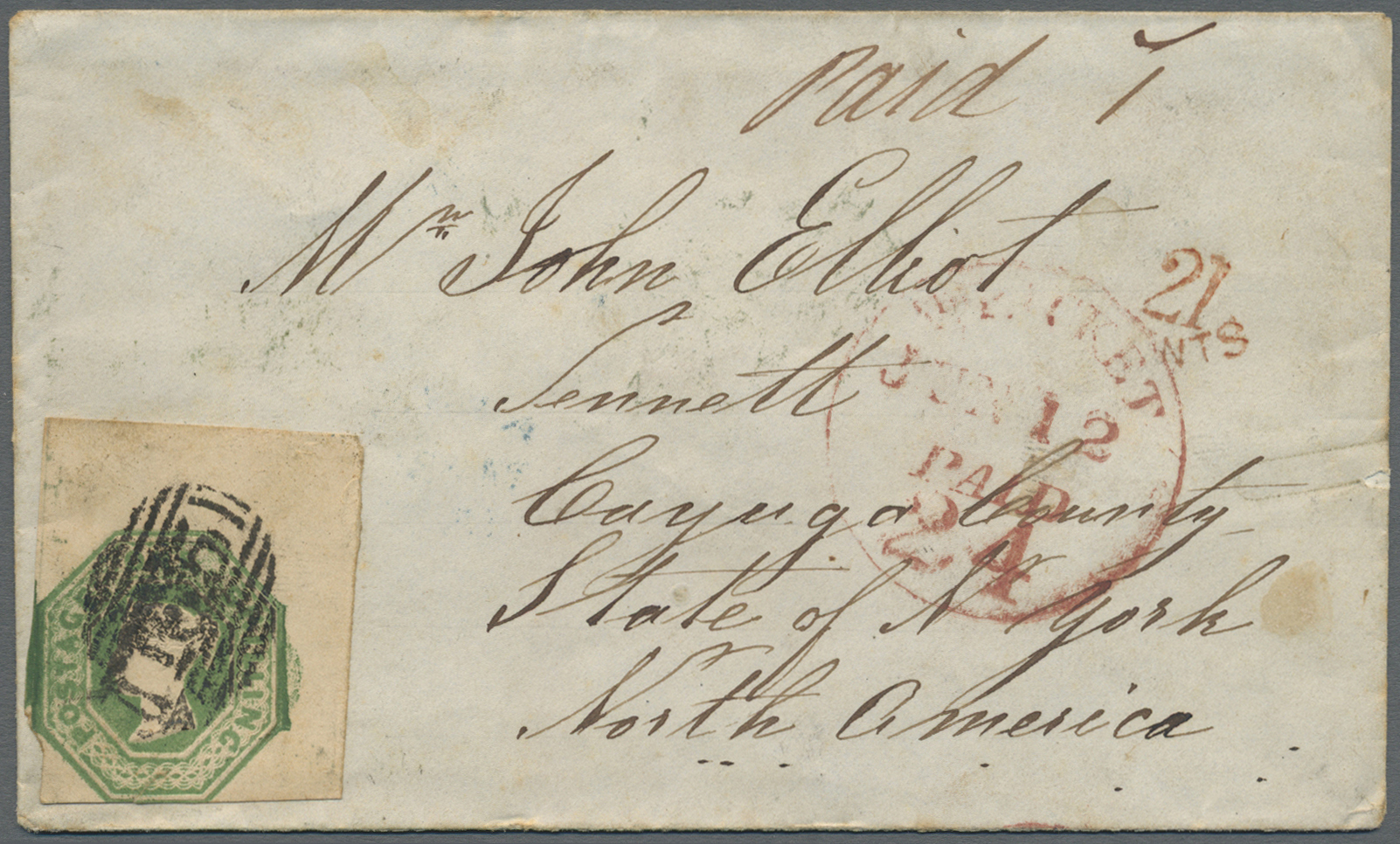 Br Großbritannien: 1853, 1 Shilling Green Embossed Great Example Form Upper Right Corner Margin On Letter From TH - Autres & Non Classés