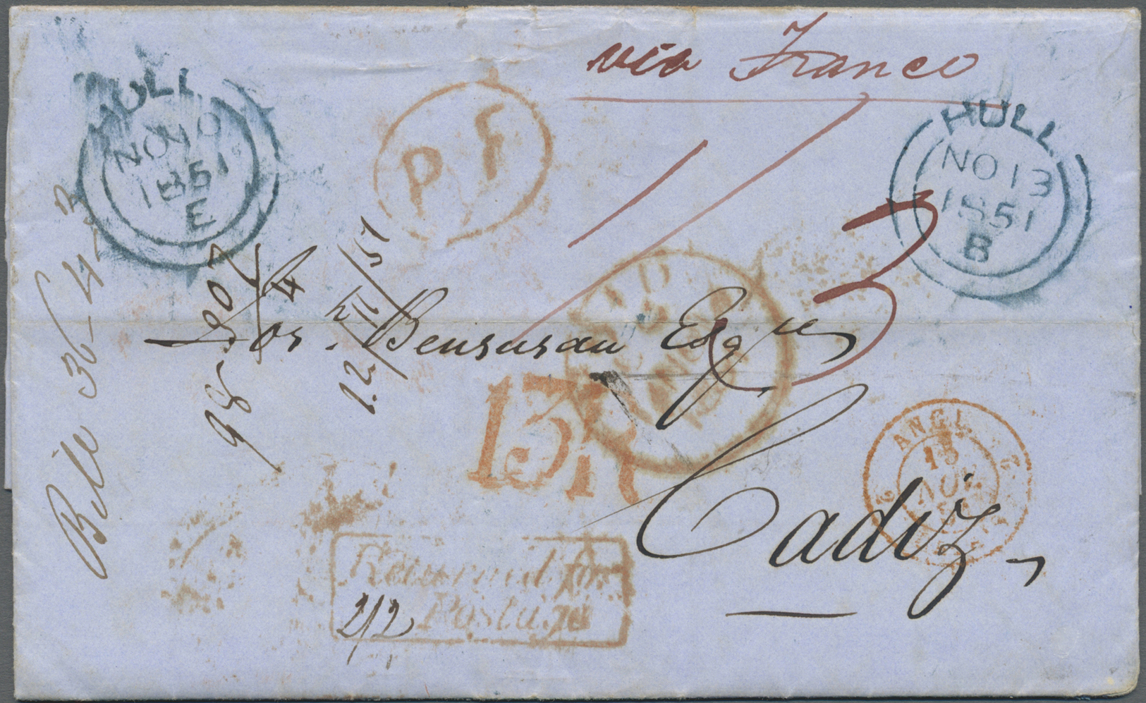 Br Großbritannien: 1851. Stampless Envelope Written From Hull Dated '10th Nov 1851' Addressed To Cadiz Cancelled - Autres & Non Classés