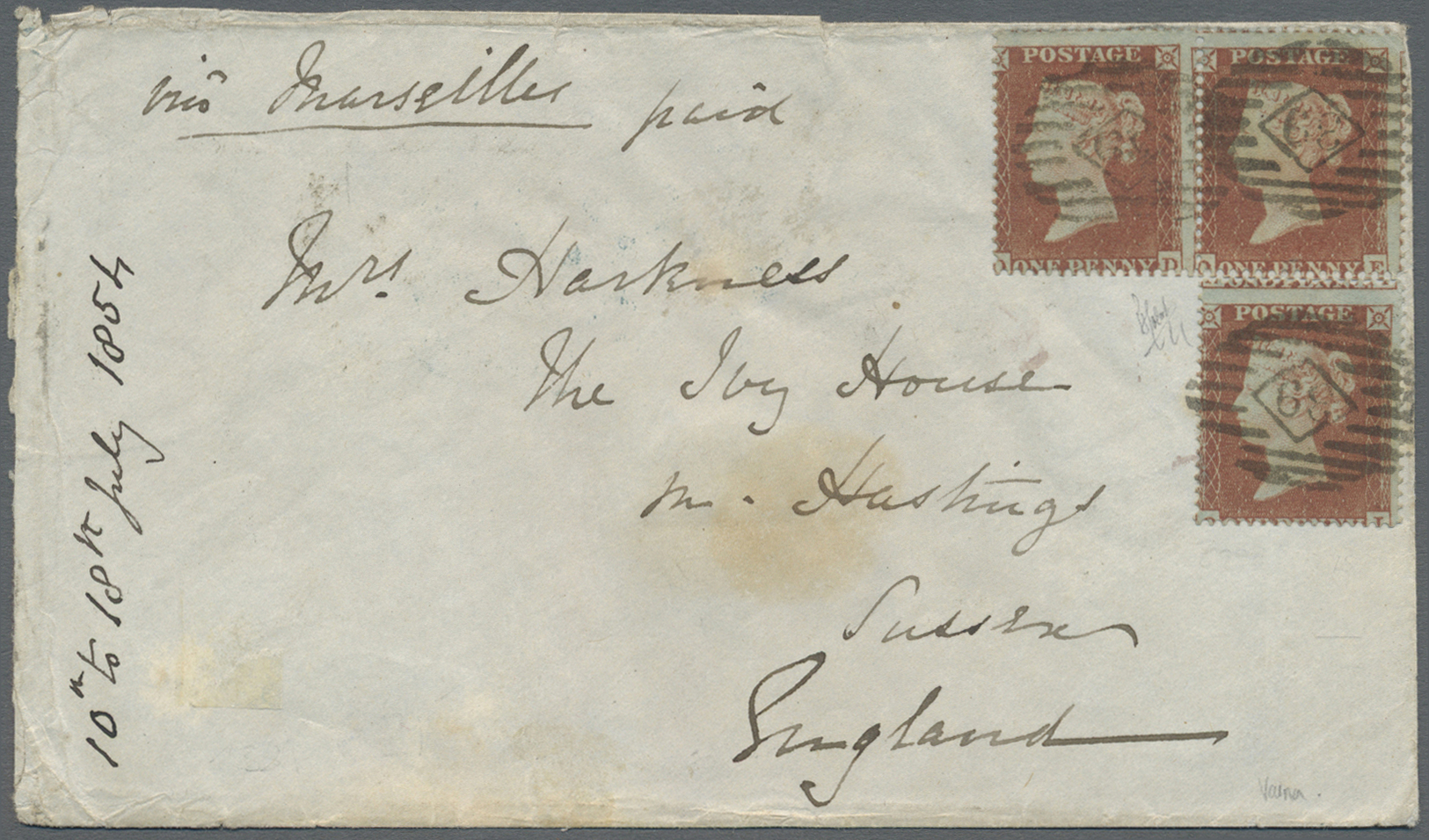 Br Großbritannien: 1854, CRIMEAN WAR, Envelope With 3 One Penny Red Cancelled "39" From Varna Via Constantinople - Other & Unclassified