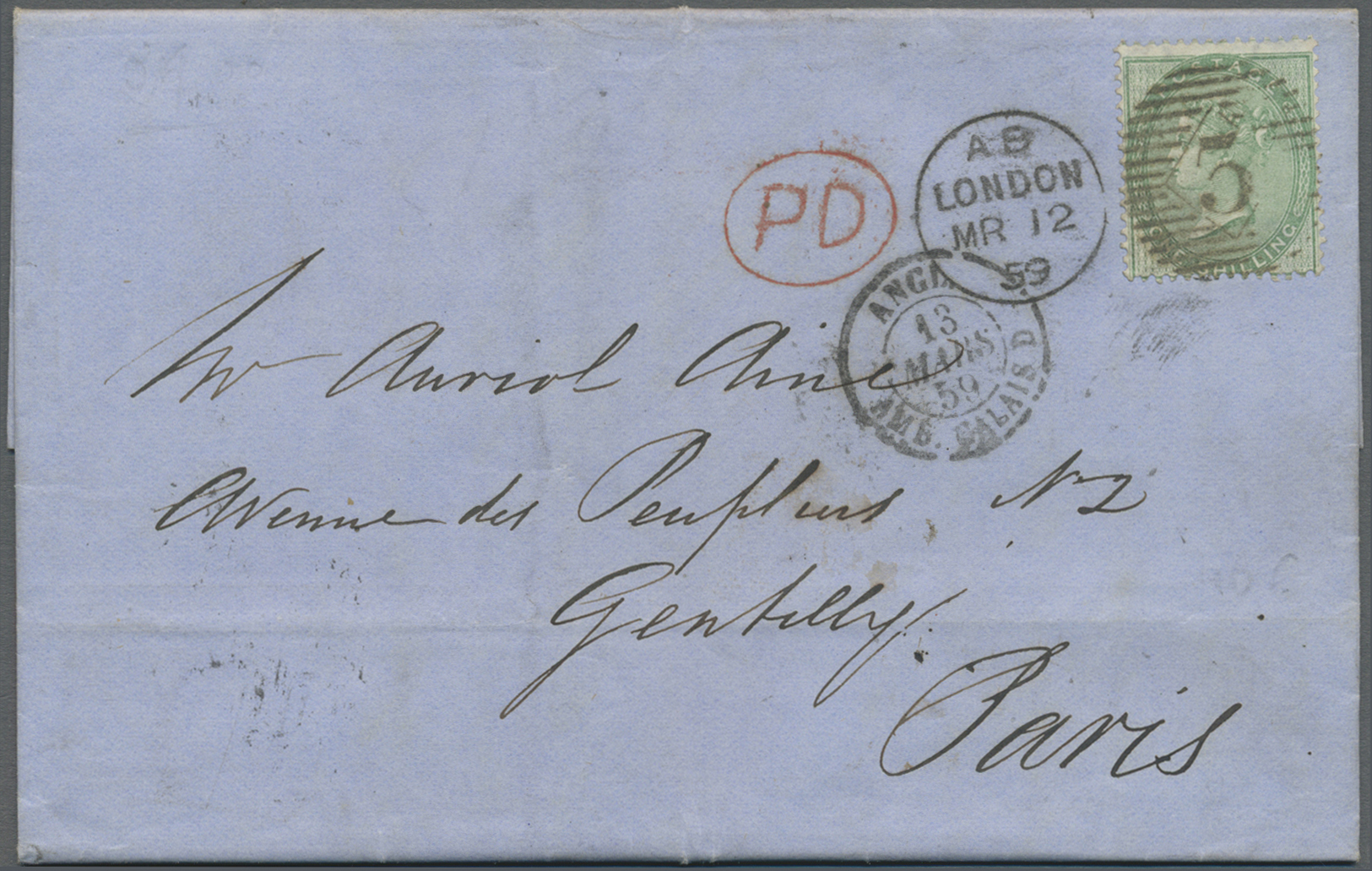 Br Großbritannien: 1859. Envelope Addressed To France Bearing SG 71, 1s Green Tied By London Duplex, Oval 'PD' In - Other & Unclassified