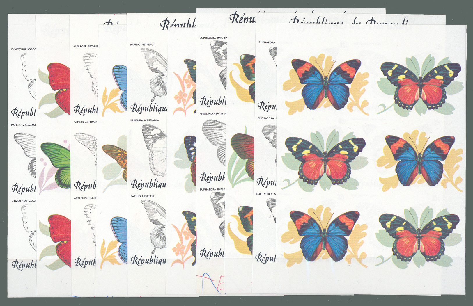 ** Thematik: Tiere-Schmetterlinge / Animals-butterflies: 1984, Burundi, "BUTTERFLIES", Exceptional Triptych, Progressive - Butterflies