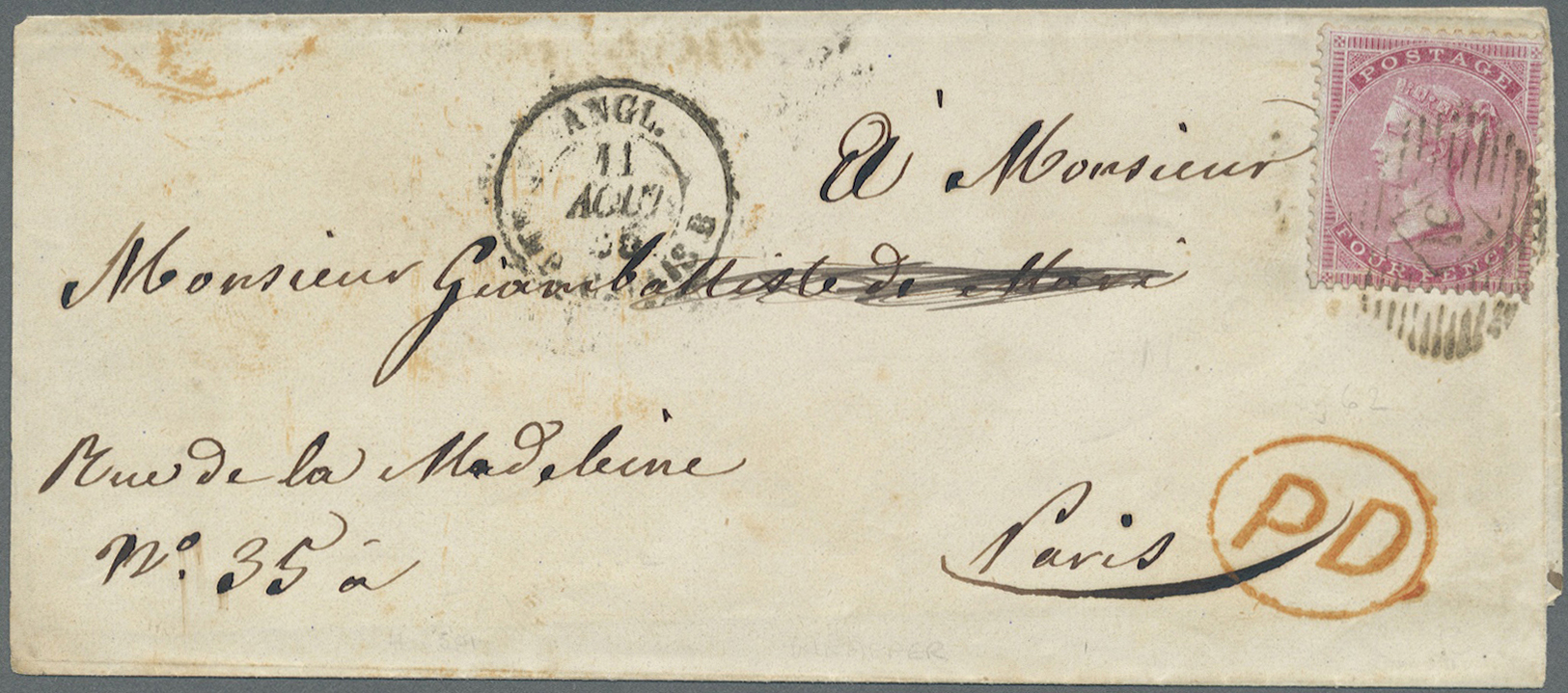 Br Großbritannien: 1855 (August), Selfmade Wrapper Bearing Single QV 4d Carmine Wmkd. Small Garter On Blued Paper - Autres & Non Classés