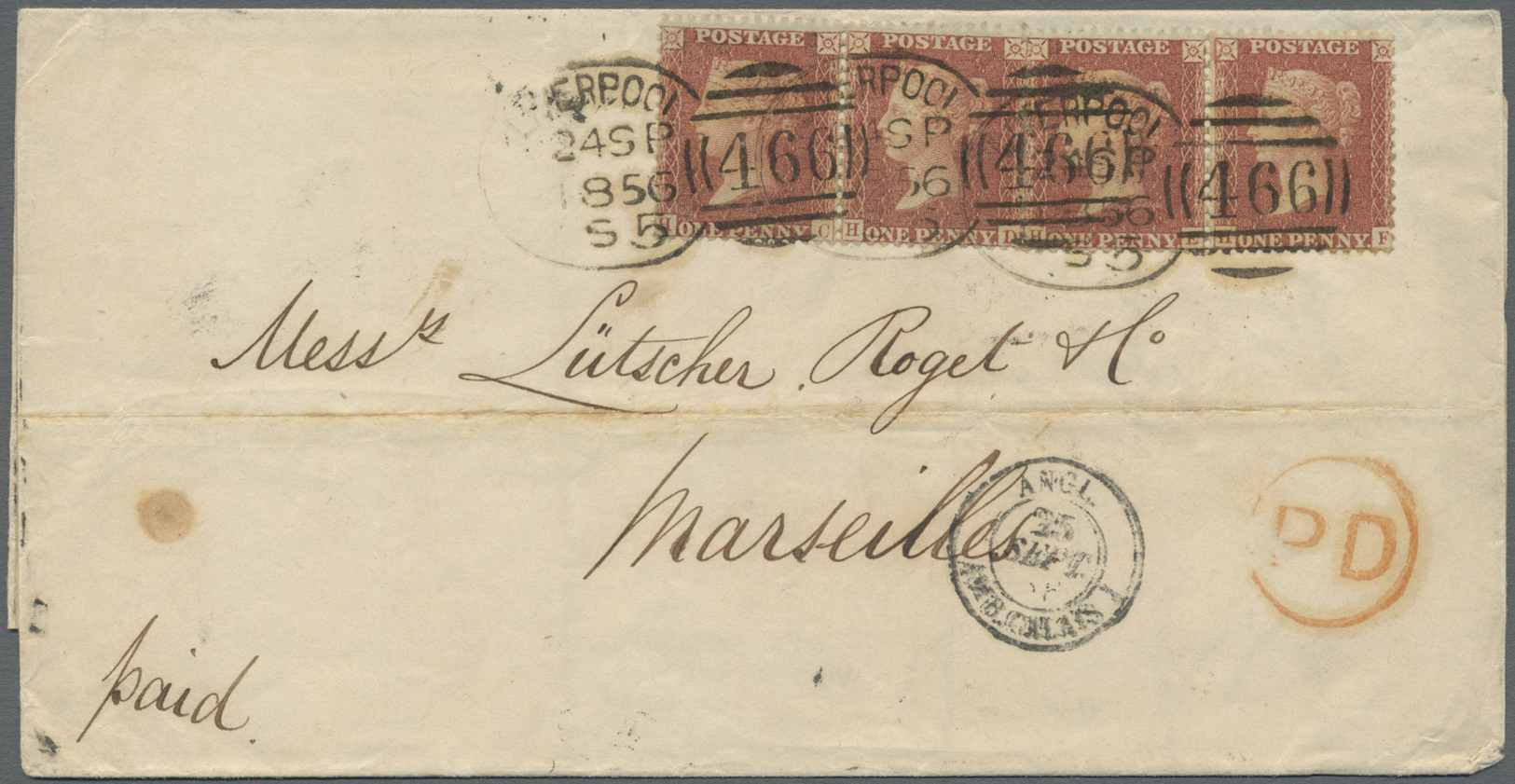 Br Großbritannien: 1856. Envelope Addressed To France Bearing SG 29, 1d Red-brown (4) Tied By Liverpool/466 Spoon - Autres & Non Classés