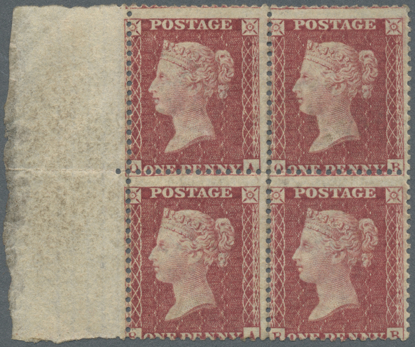 */ Großbritannien: 1857, A Block Of Four QV 1 D. Deep Rose-red On White Paper, Die II, Alphabet III, Watermark La - Autres & Non Classés