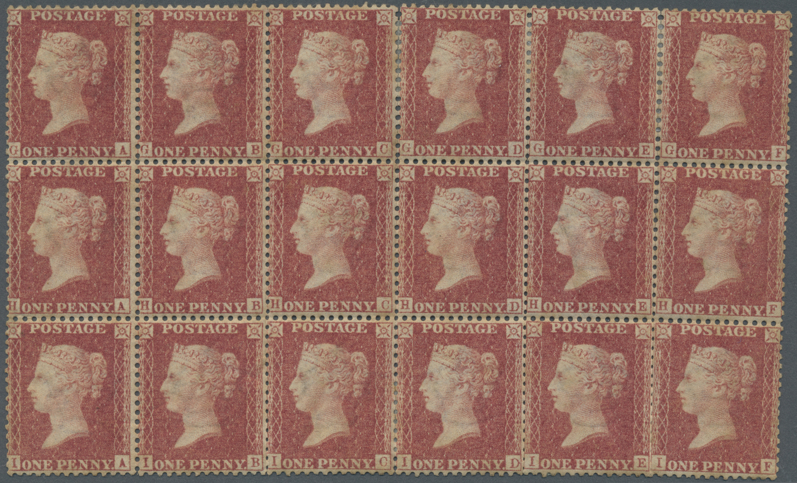 */ Großbritannien: 1857, A Mint Block Of 18 Of QV 1 D. Rose-red On White Paper, Die II, Alphabet III, Watermark L - Autres & Non Classés