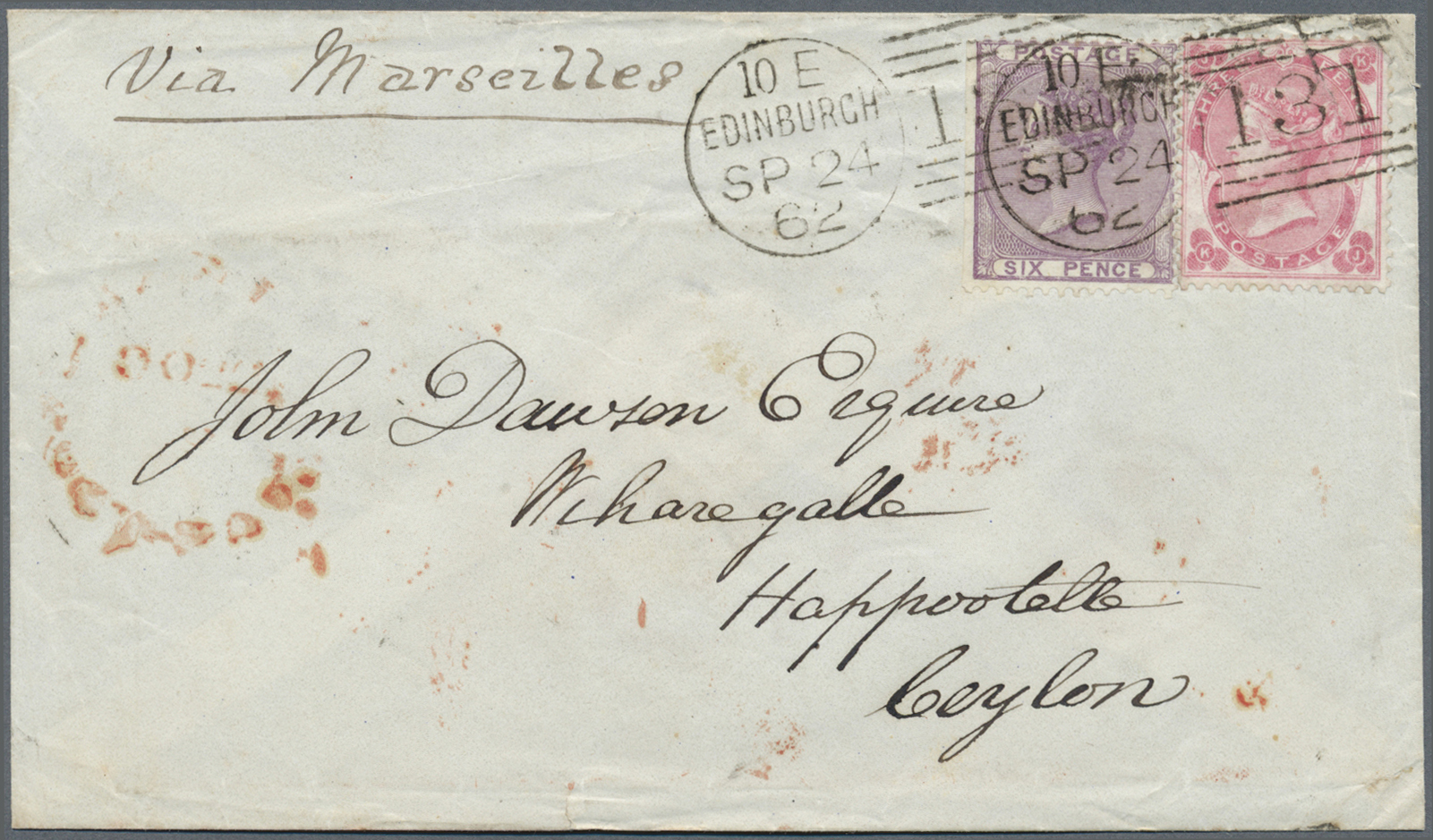 Br Großbritannien: 1857. Envelope (creases, Tears) Addressed To 'Happootelle, Ceylon' Bearing SG 76, 3d Carmine-r - Other & Unclassified