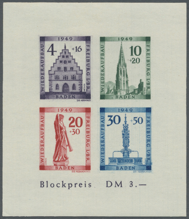 ** Französische Zone - Baden: 1949, Wiederaufbau-Block Ungezähnt Mit Plattenfehler "Farbpunkt Links Neb - Other & Unclassified