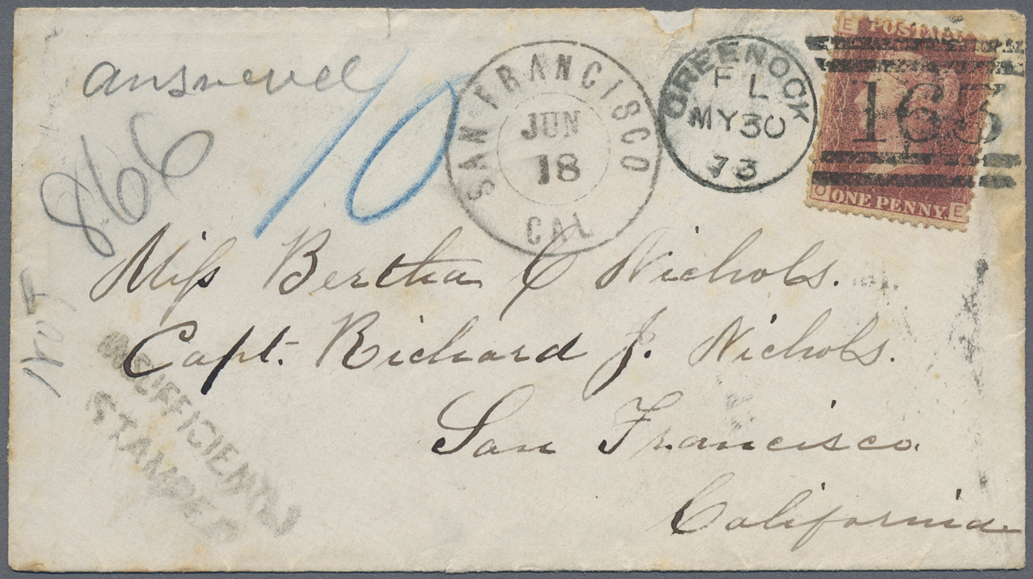 Br Großbritannien: 1859/1873, Mail To American West Coast, Two Covers To Victoria/Vancouver Island Resp. San Fran - Autres & Non Classés