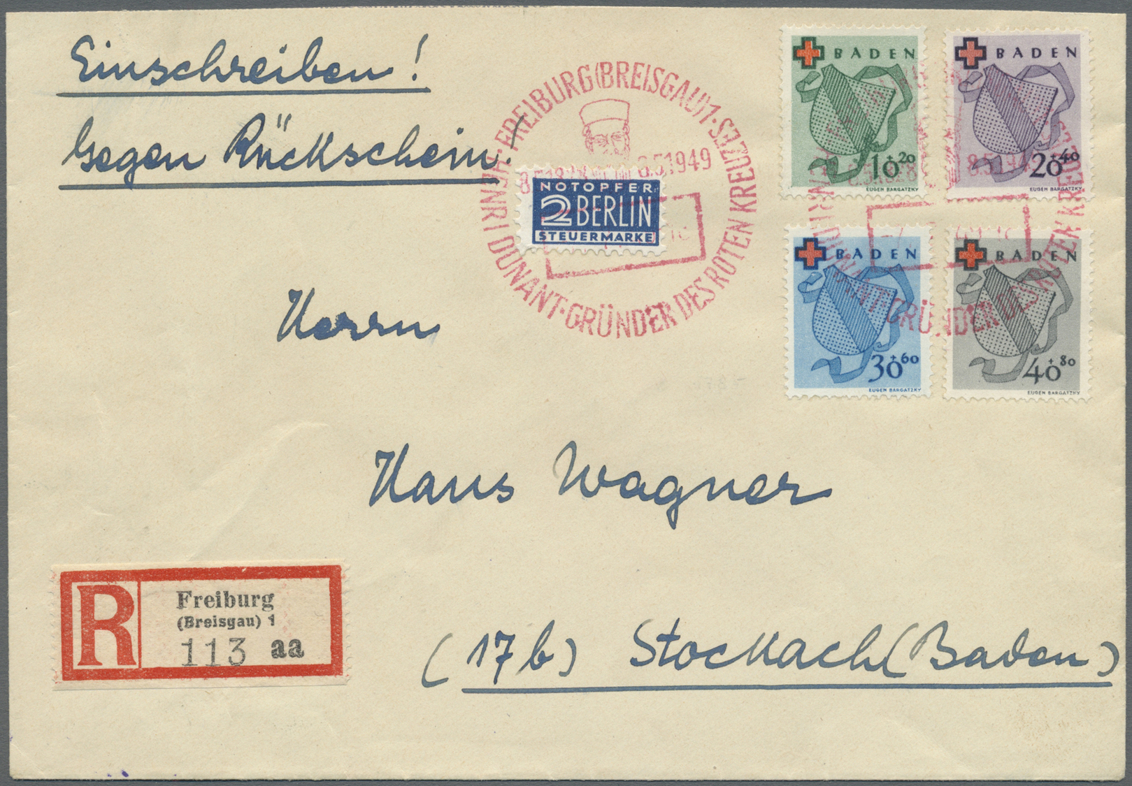 Br Französische Zone - Baden: 1949, 10 Pfg. Bis 40 Pfg. Rotes Kreuz Komplett Mit Rotem SST "FREIBURG 7. - Other & Unclassified