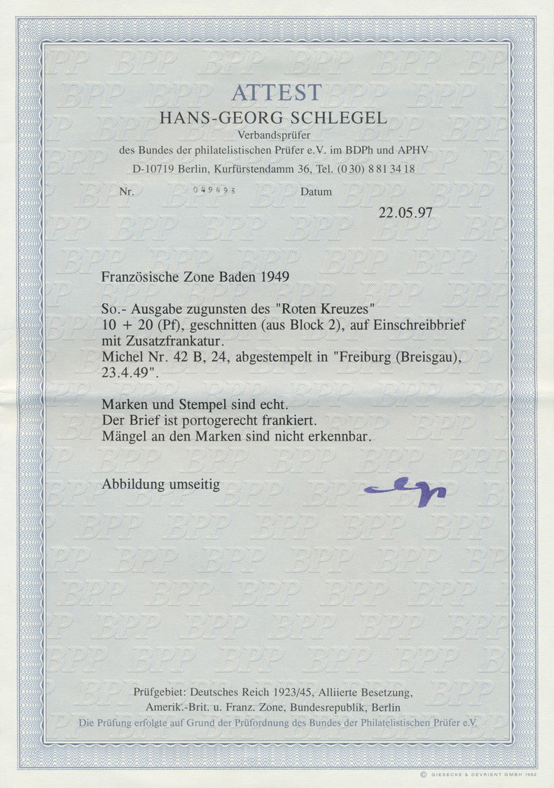Br Französische Zone - Baden: 1949, 10 Pfg. Rotes Kreuz-Blockmarke Und 50 Pfg. Freimarke Als Portogerec - Andere & Zonder Classificatie