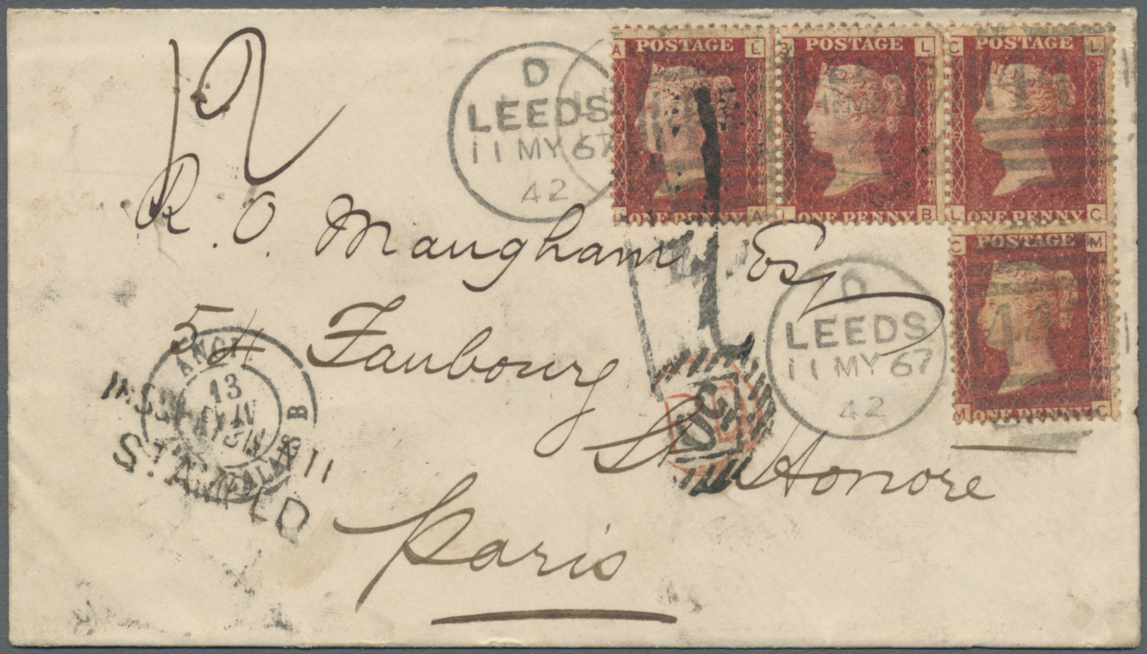 Br Großbritannien: 1867. Envelope Addressed To France Bearing SG 44, 1d Rose (4) Tied By Leeds/447 Duplex Underpa - Sonstige & Ohne Zuordnung