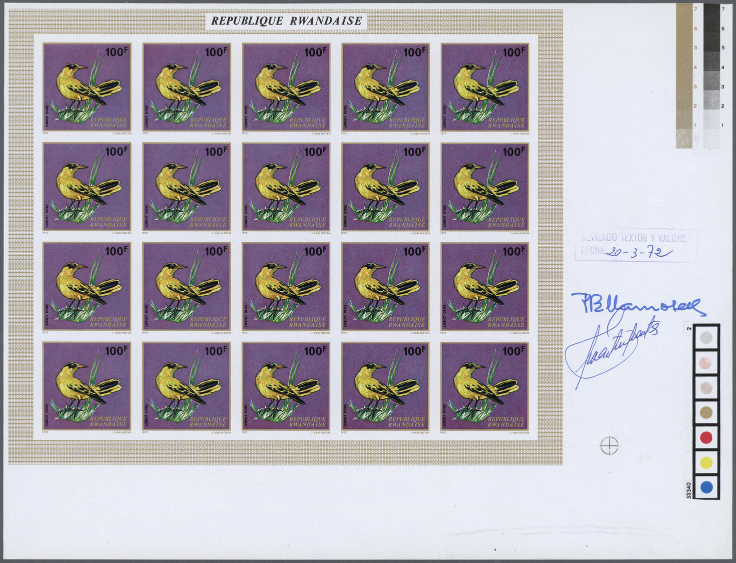 ** Thematik: Tiere-Vögel / Animals-birds: 1972, Rwanda. Imperforate Proof Miniature Sheet Of 20 For The 100fr Value Of T - Other & Unclassified