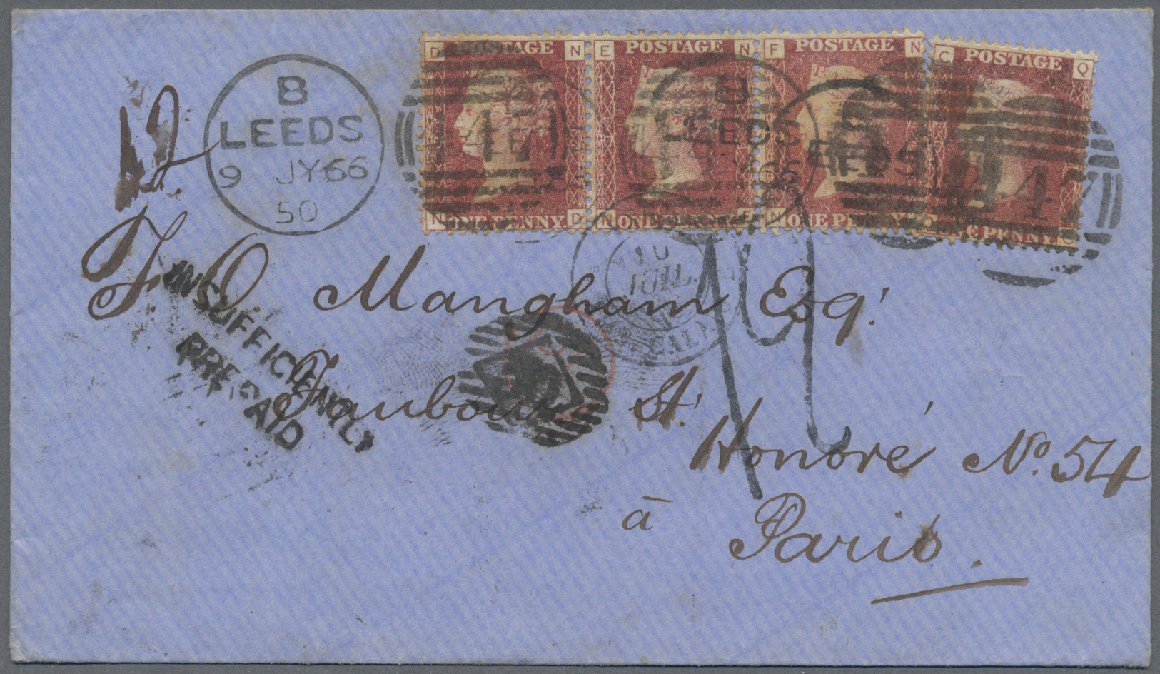 Br Großbritannien: 1866. Envelope Addressed To France Bearing SG 44, 1d Rose (4) Tied By Leeds/447 Duplex Underpa - Sonstige & Ohne Zuordnung