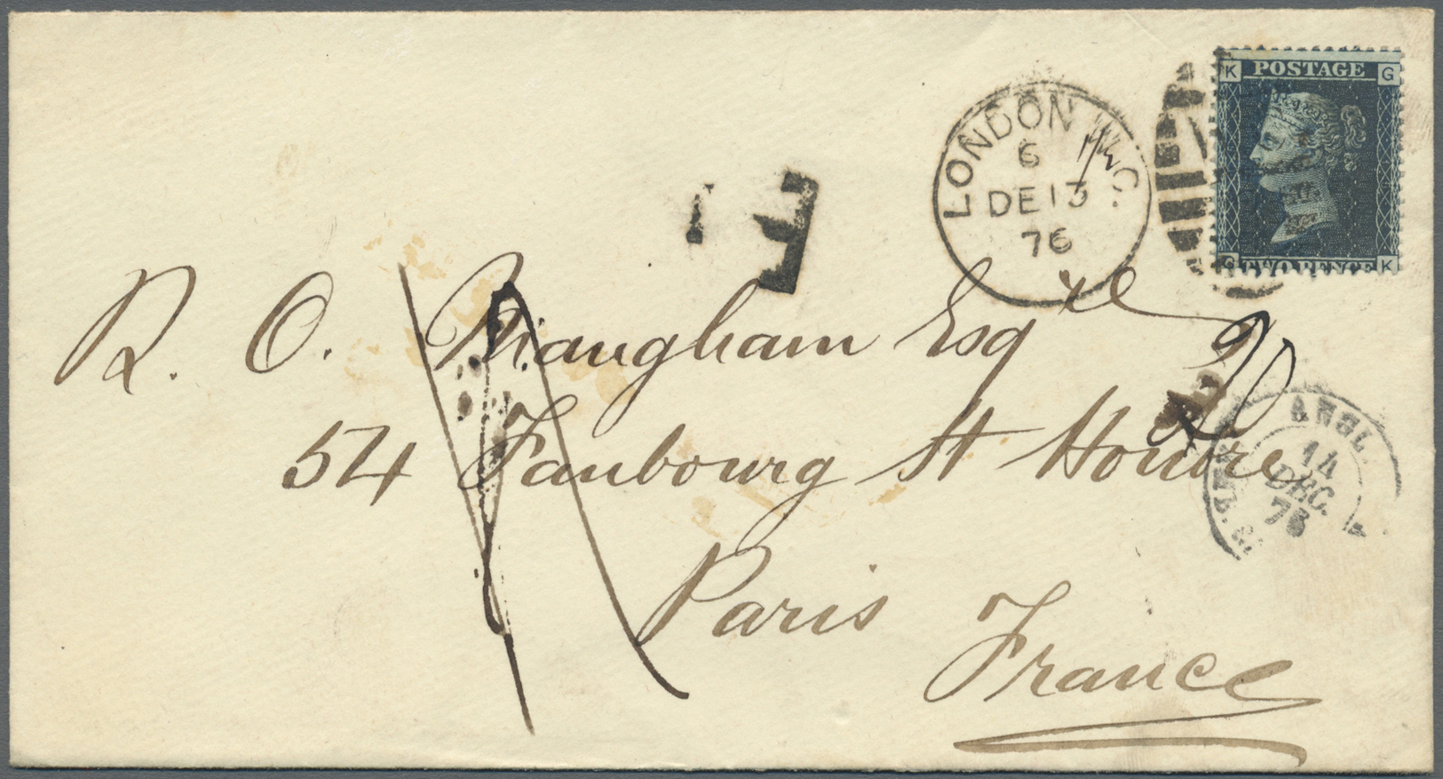 Br Großbritannien: 1876. Envelope Addressed To France Bearing SG 47, 1d Blue Tied By London Duplex, Underpaid Wit - Autres & Non Classés