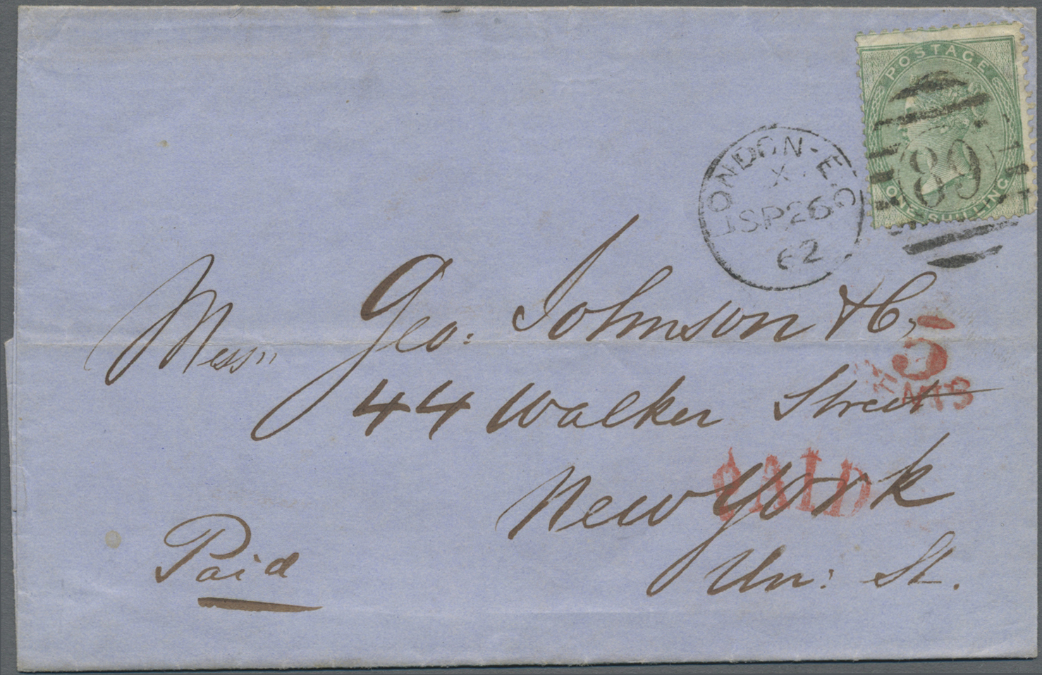 Br Großbritannien: 1862, 1s. Deep Green, Single Franking On Lettersheet, Oblit. By Duplex "89 - London E.C. SP/26 - Sonstige & Ohne Zuordnung