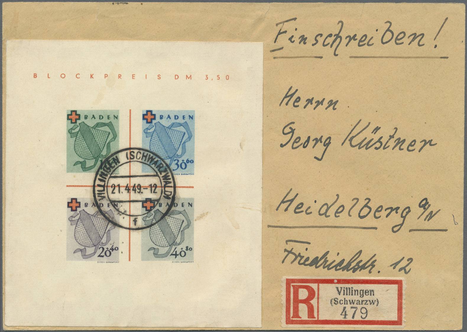 Br Französische Zone - Baden: 1949. Rot-Kreuz-Block Auf R-Brief Von "Villingen 21.4.49" Nach Heidelberg - Other & Unclassified
