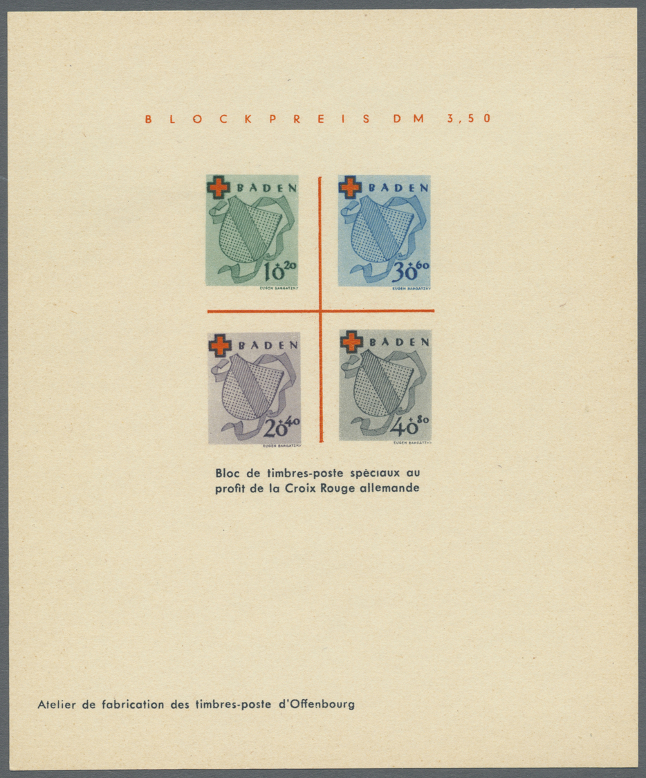 (*) Französische Zone - Baden: 1949, Rot Kreuz-Block Als Ministerblock Auf Kartonpapier Mit Druckvermerk - Autres & Non Classés