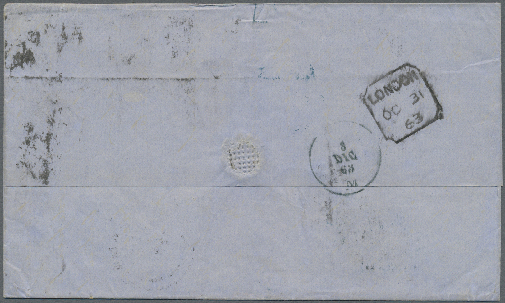 Br Großbritannien: 1863. Envelope Addressed To Lima, Peru Bearing SG 90, 1s Green (pair) Tied By London '12' Obli - Sonstige & Ohne Zuordnung