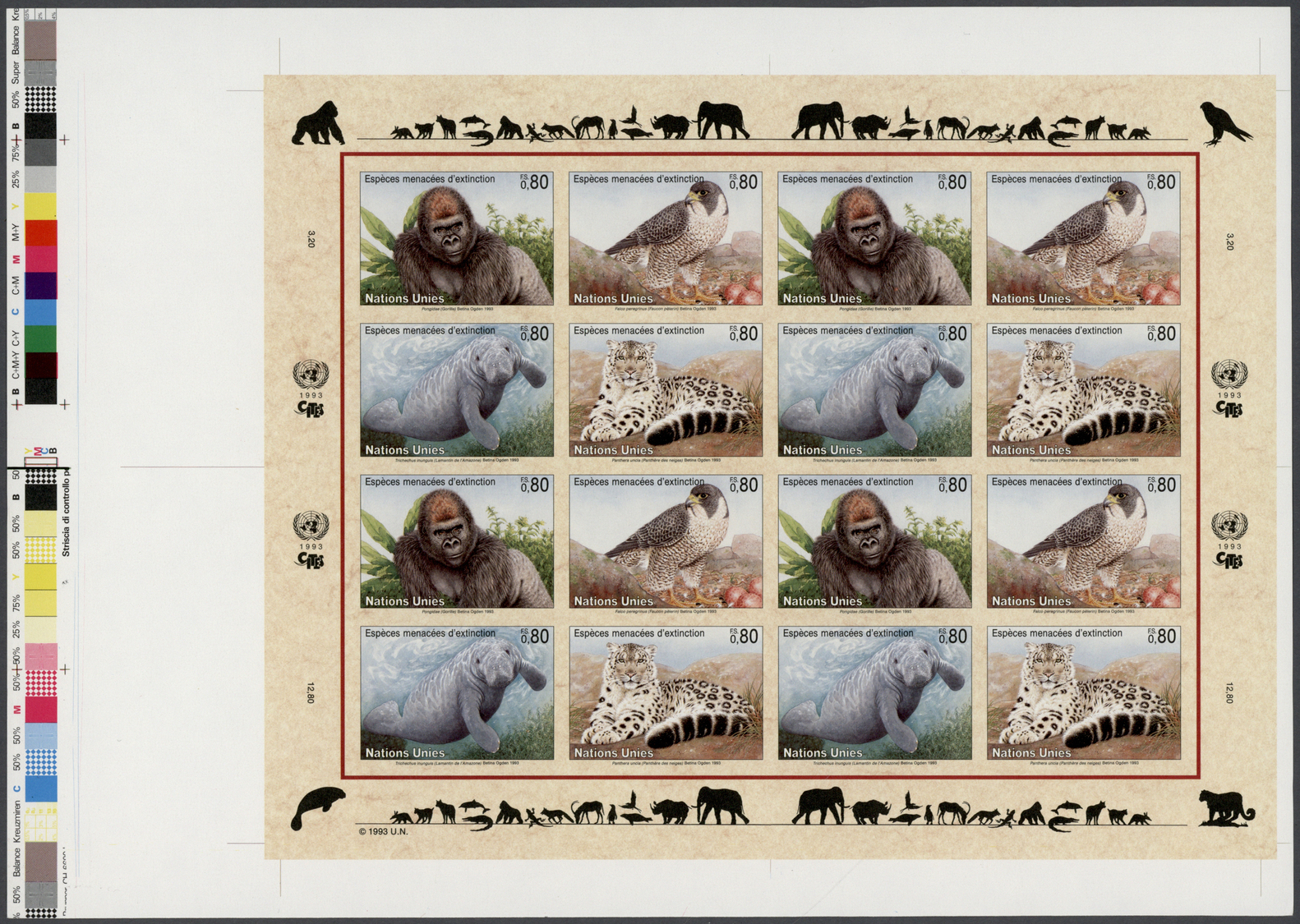** Thematik: Tiere-Vögel / Animals-birds: 1993, UNO Geneva. Imperforate Pane Of 4 Sets Of 4 Showing Gorilla, Peregrine F - Other & Unclassified