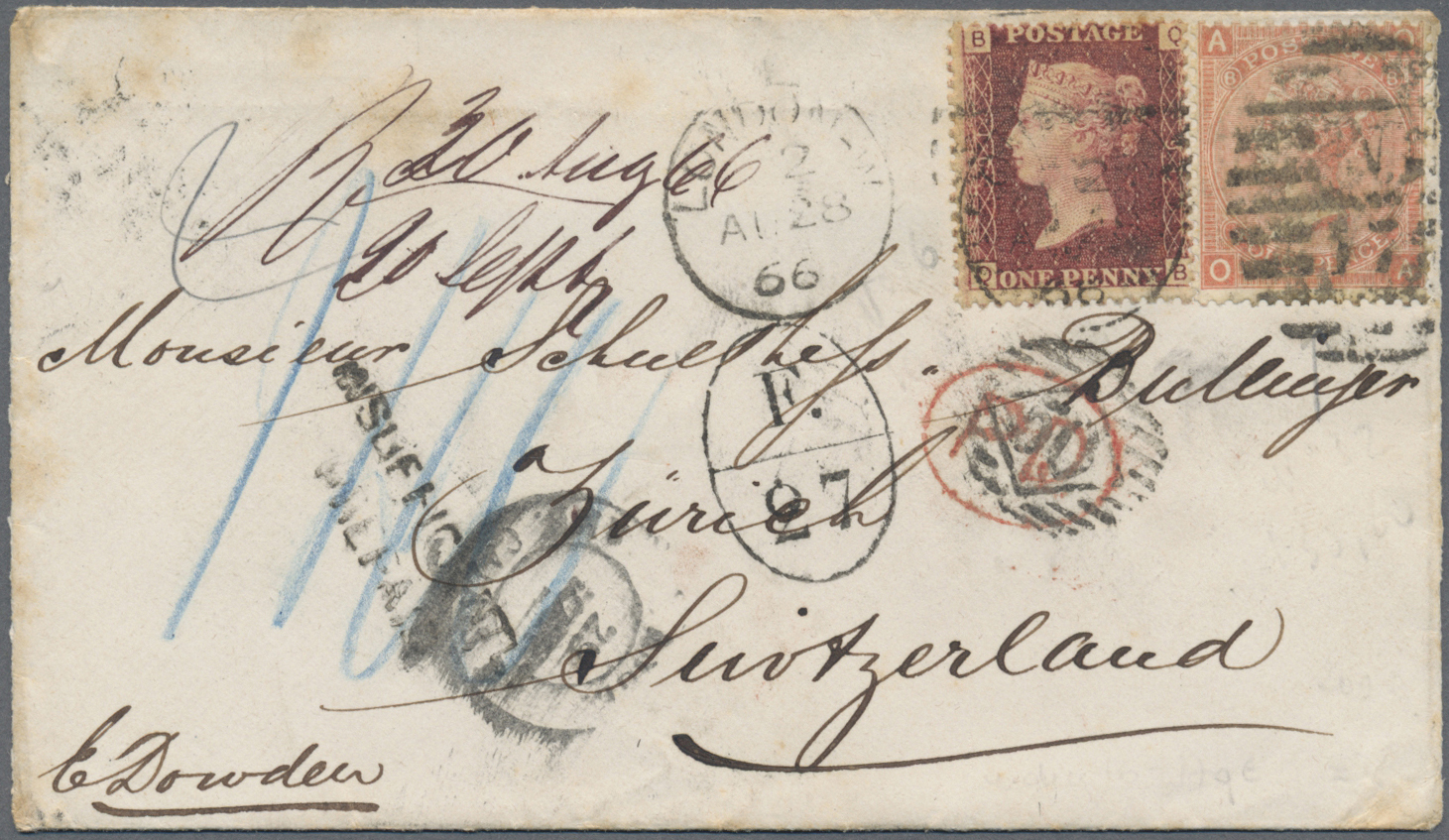Br Großbritannien: 1866. Envelope (fox Spots) Addressed To Switzerland Bearing SG 44, 1d Rose And SG 94, 4d Orang - Sonstige & Ohne Zuordnung