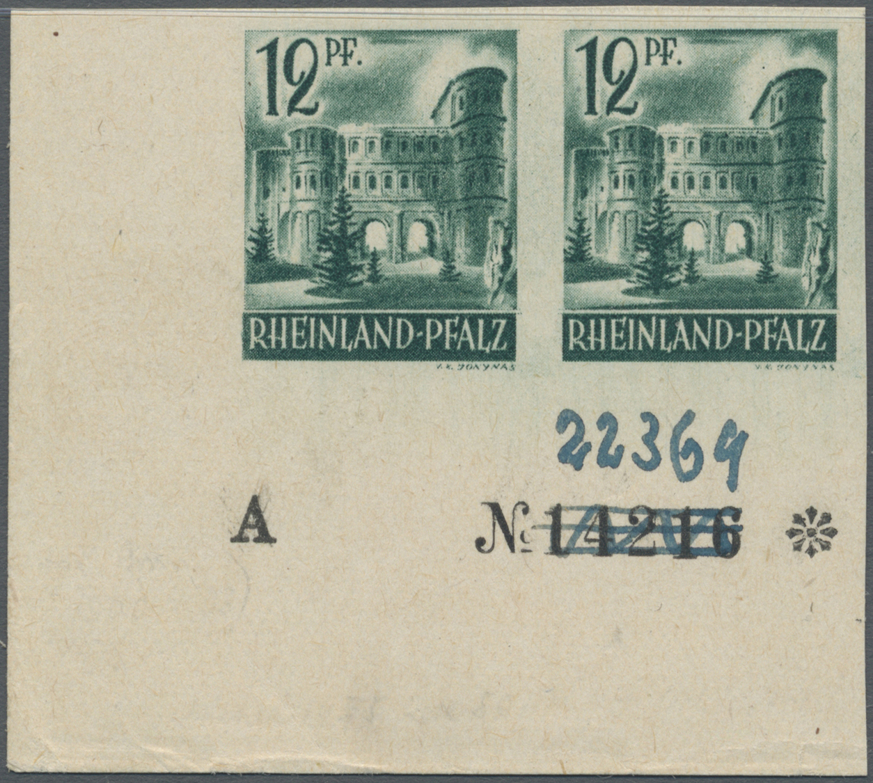 ** Französische Zone - Rheinland Pfalz: 1947, 12 Pfg. Schwärzlichbläulichgrün, UNGEZÄHNTES ECKRAND-PAAR - Other & Unclassified