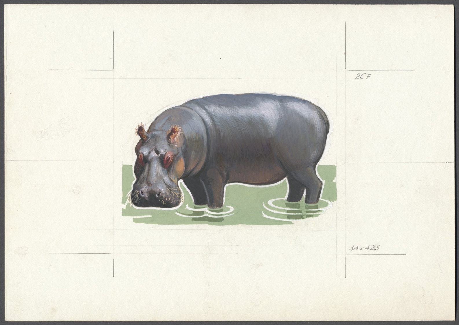 Thematik: Tiere-Zootiere / Animals-zoo Animals: 1982, Burundi, Handgemalter Entwurf Für Die 25 Fr.-Marke 'FLUSSPFERD' Au - Other & Unclassified