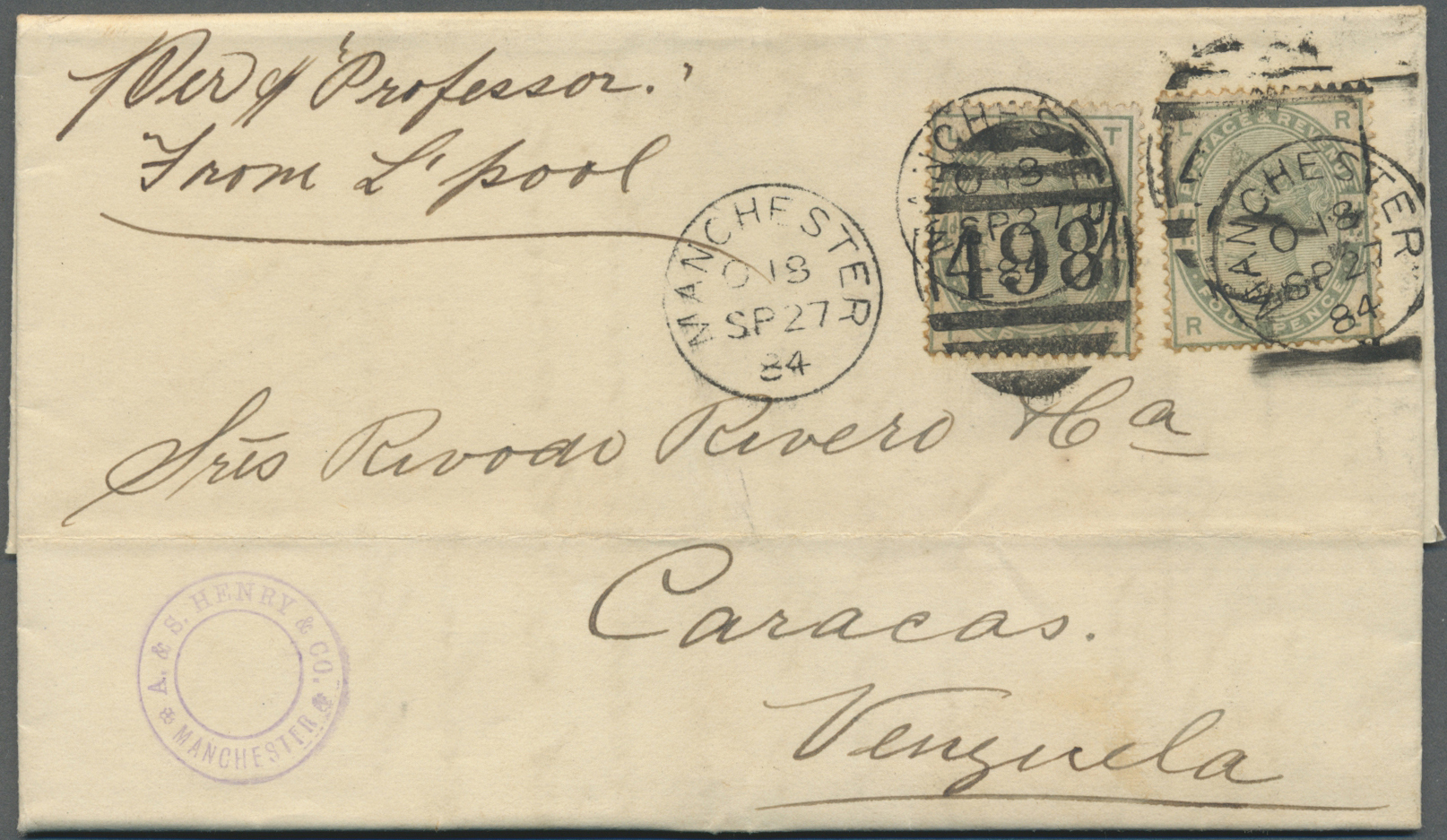 Br Großbritannien: 1884, Folded Letter Franked With Two 4 D Stamps Of The 1884 Issue With Clear MANCHESTER7498 Du - Sonstige & Ohne Zuordnung